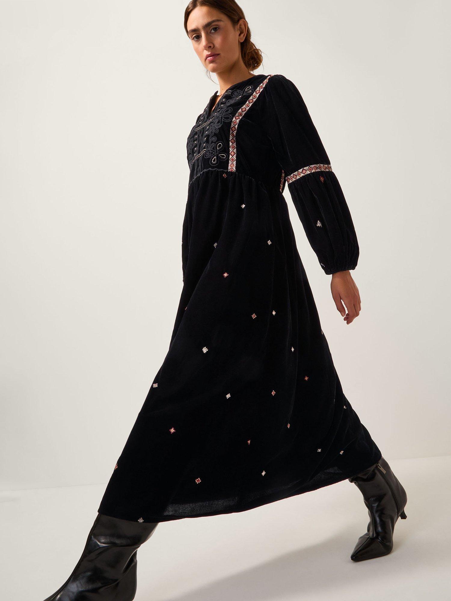 Product image 1 of 4, which shows Monsoon Noni Embroidered Midi Dress, Black, XL