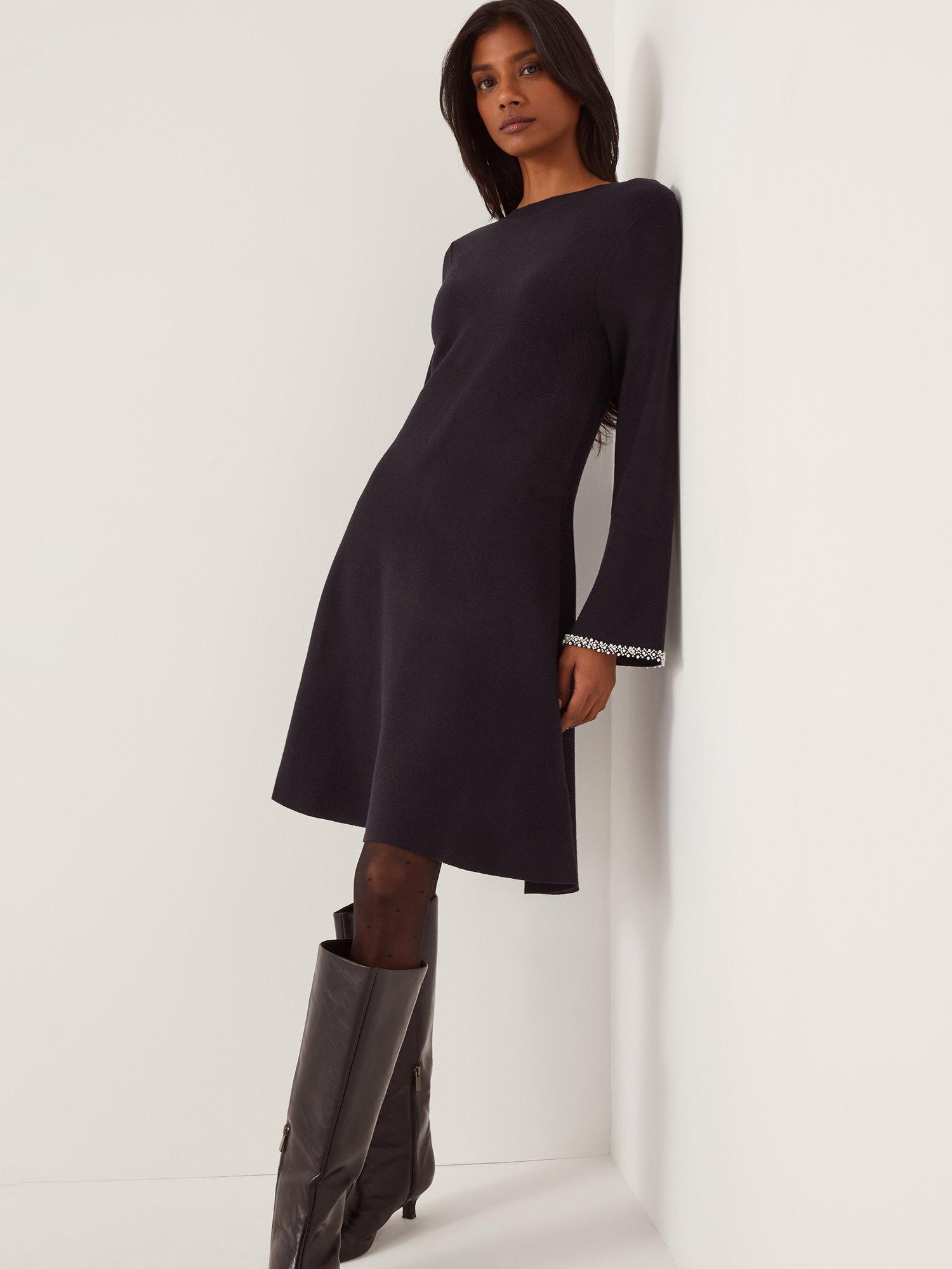 Product image 1 of 5, which shows Monsoon Tate Trim Knit Dress, Midnight, S