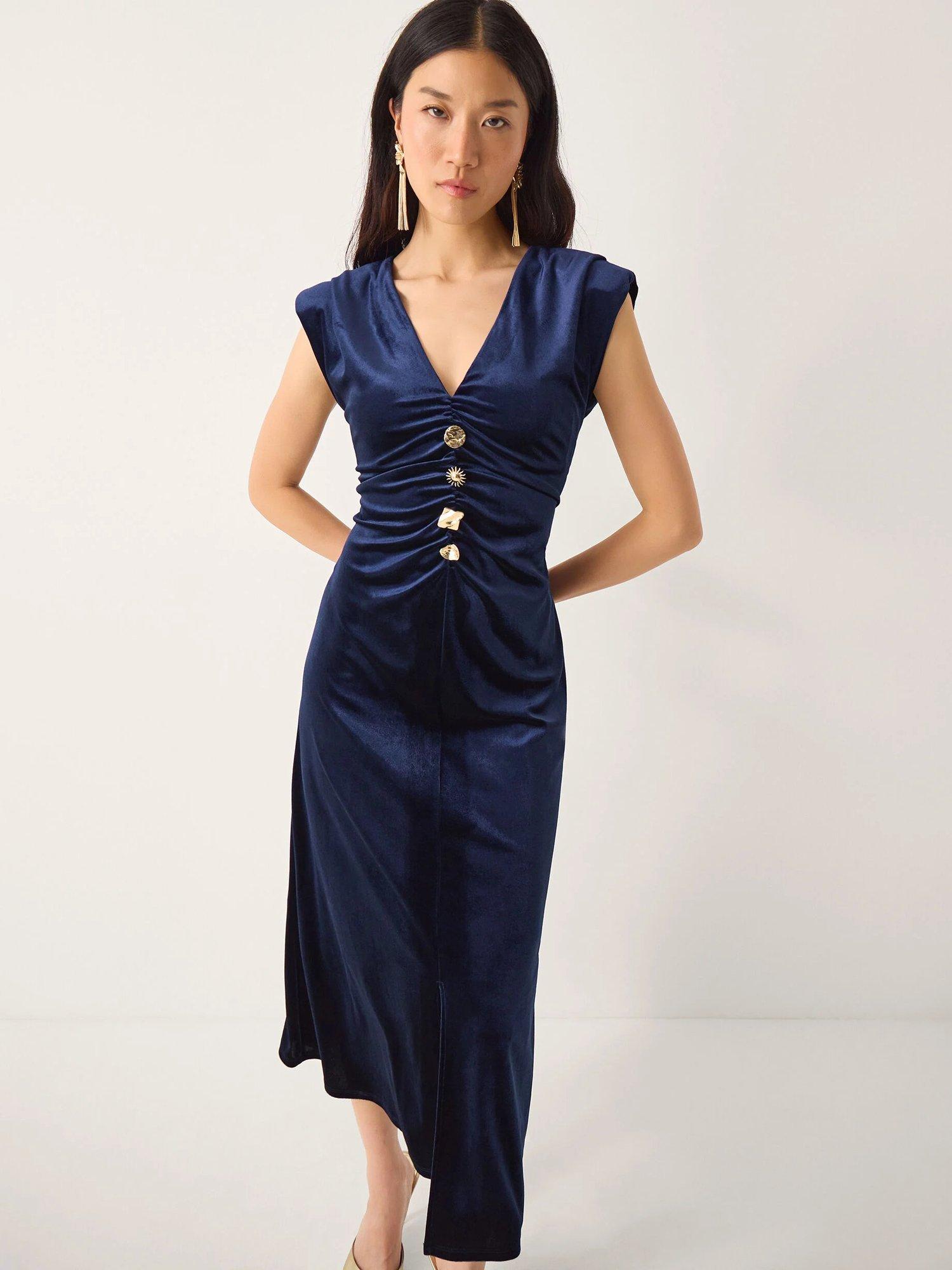 Product image 1 of 5, which shows Monsoon Vana Ruched Velvet Dress, Midnight, 12