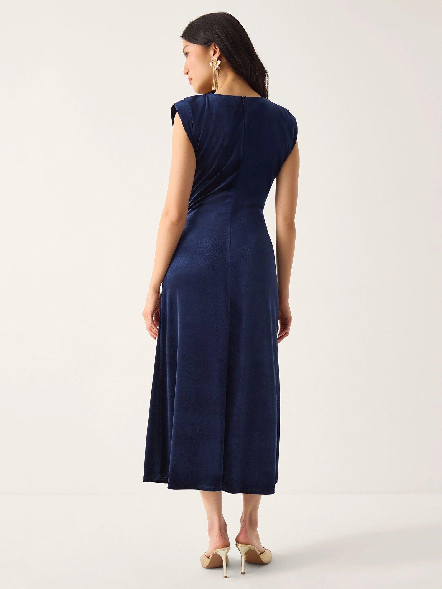 Product image 2 of 5, which shows Monsoon Vana Ruched Velvet Dress, Midnight, 12