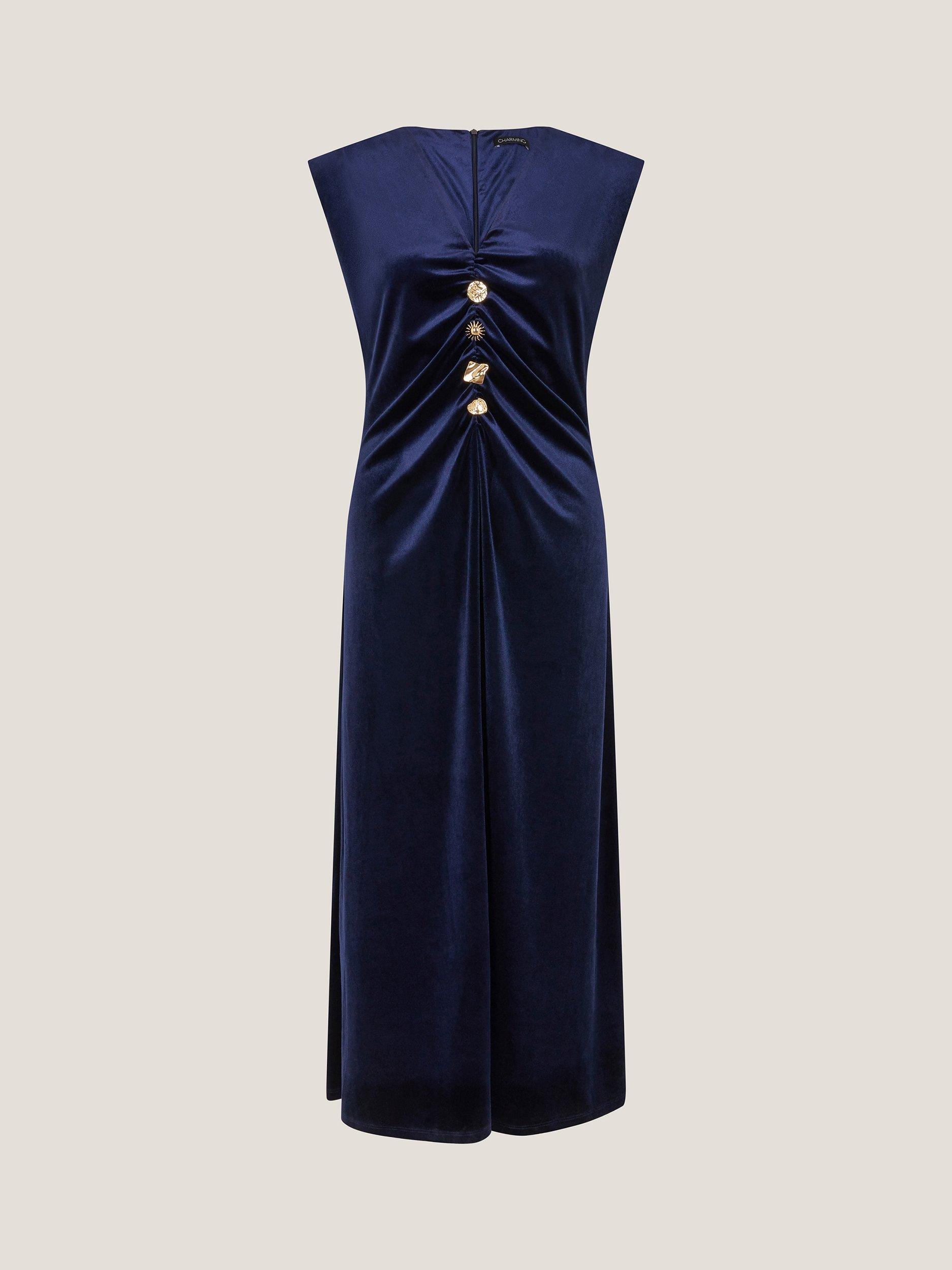 Product image 5 of 5, which shows Monsoon Vana Ruched Velvet Dress, Midnight, 12