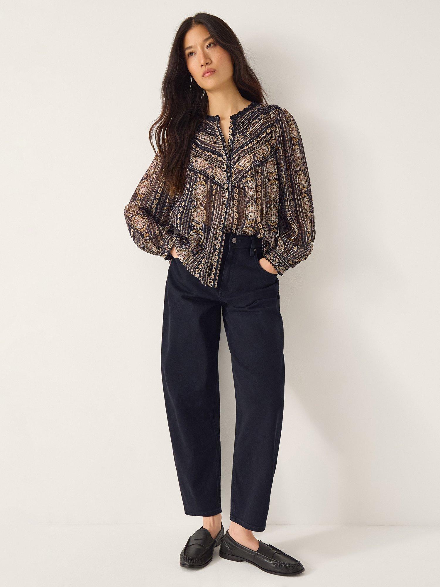 Product image 1 of 4, which shows Monsoon Darla Metallic Yarn Floral Blouse, Black/Gold, 14