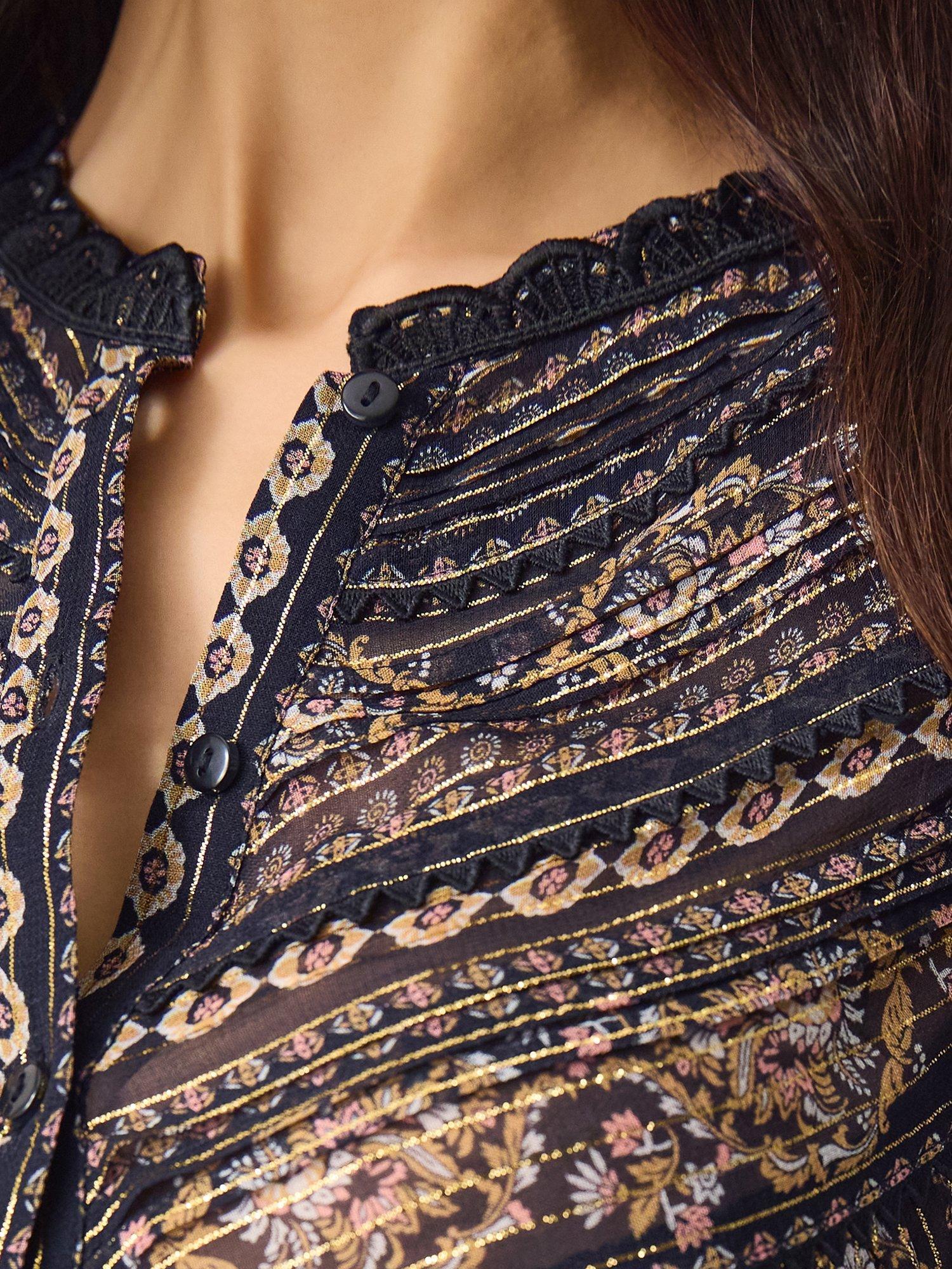 Product image 3 of 4, which shows Monsoon Darla Metallic Yarn Floral Blouse, Black/Gold, 14