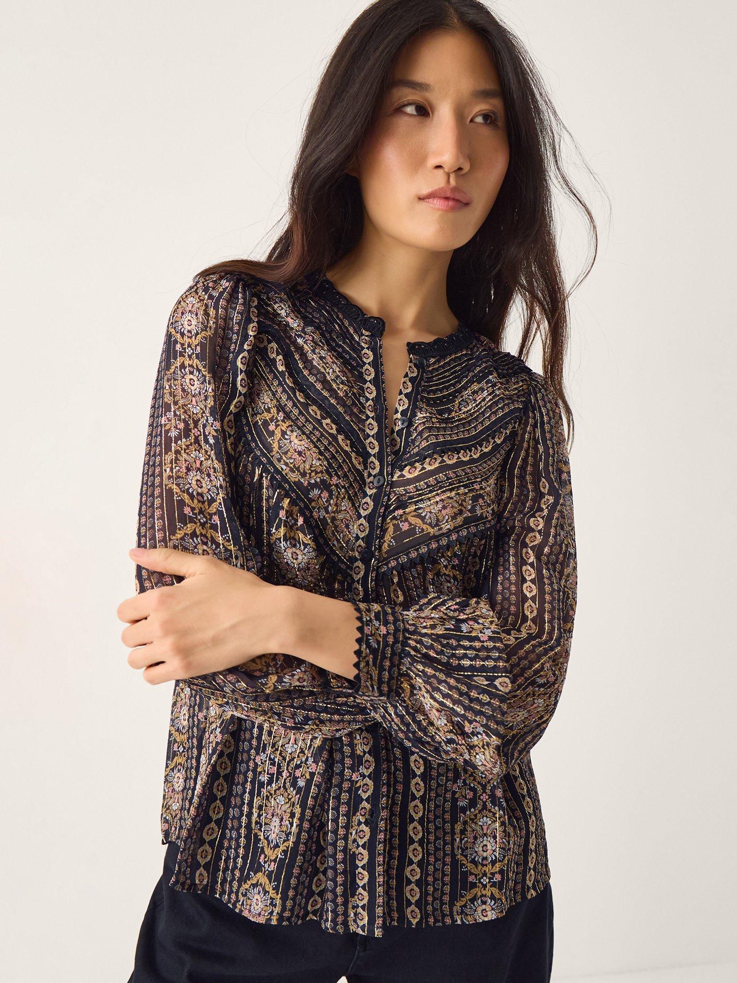 Product image 4 of 4, which shows Monsoon Darla Metallic Yarn Floral Blouse, Black/Gold, 14