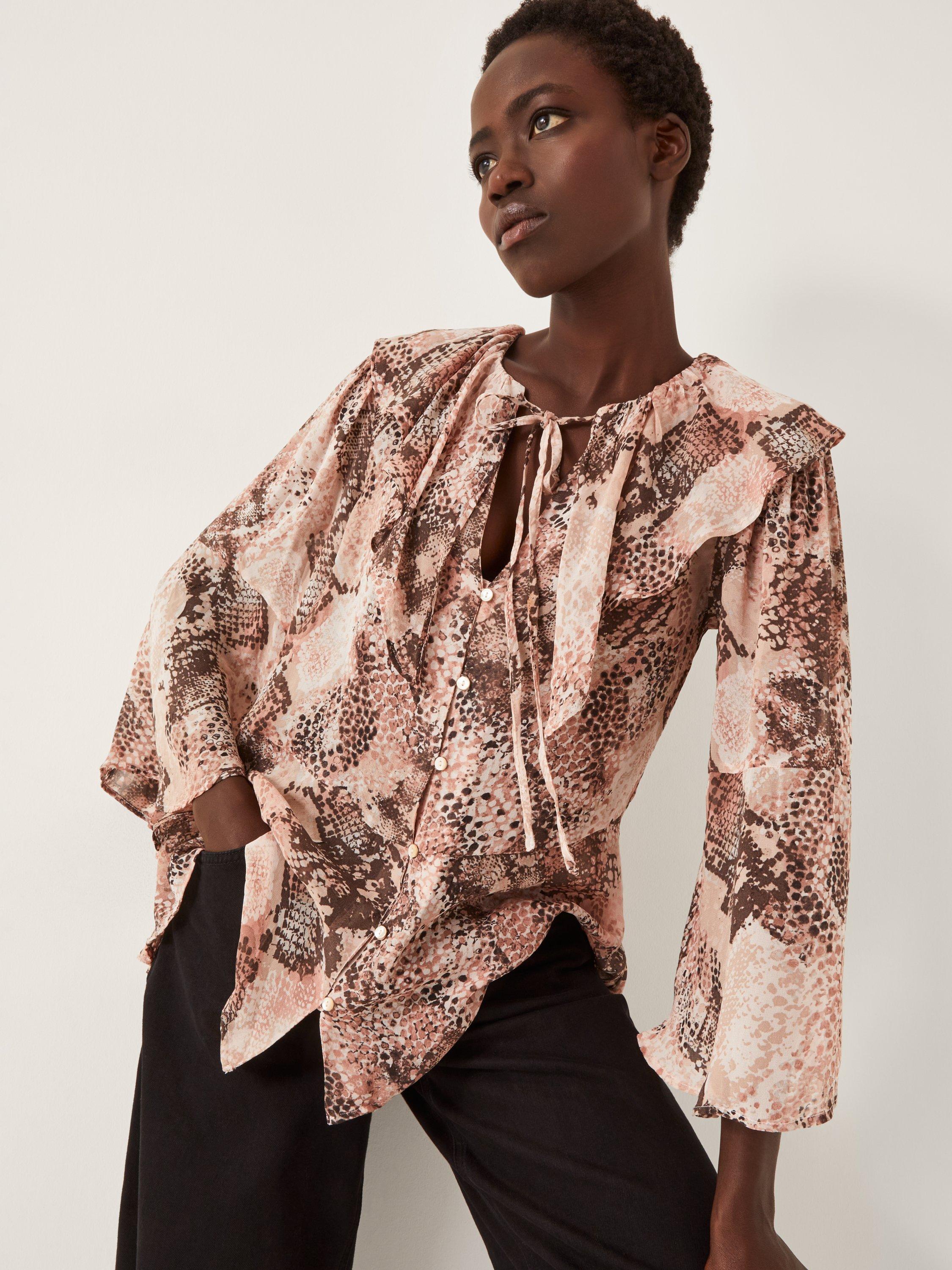 Product image 1 of 5, which shows Monsoon Synthia Snake Ruffle Shirt, Blush, S
