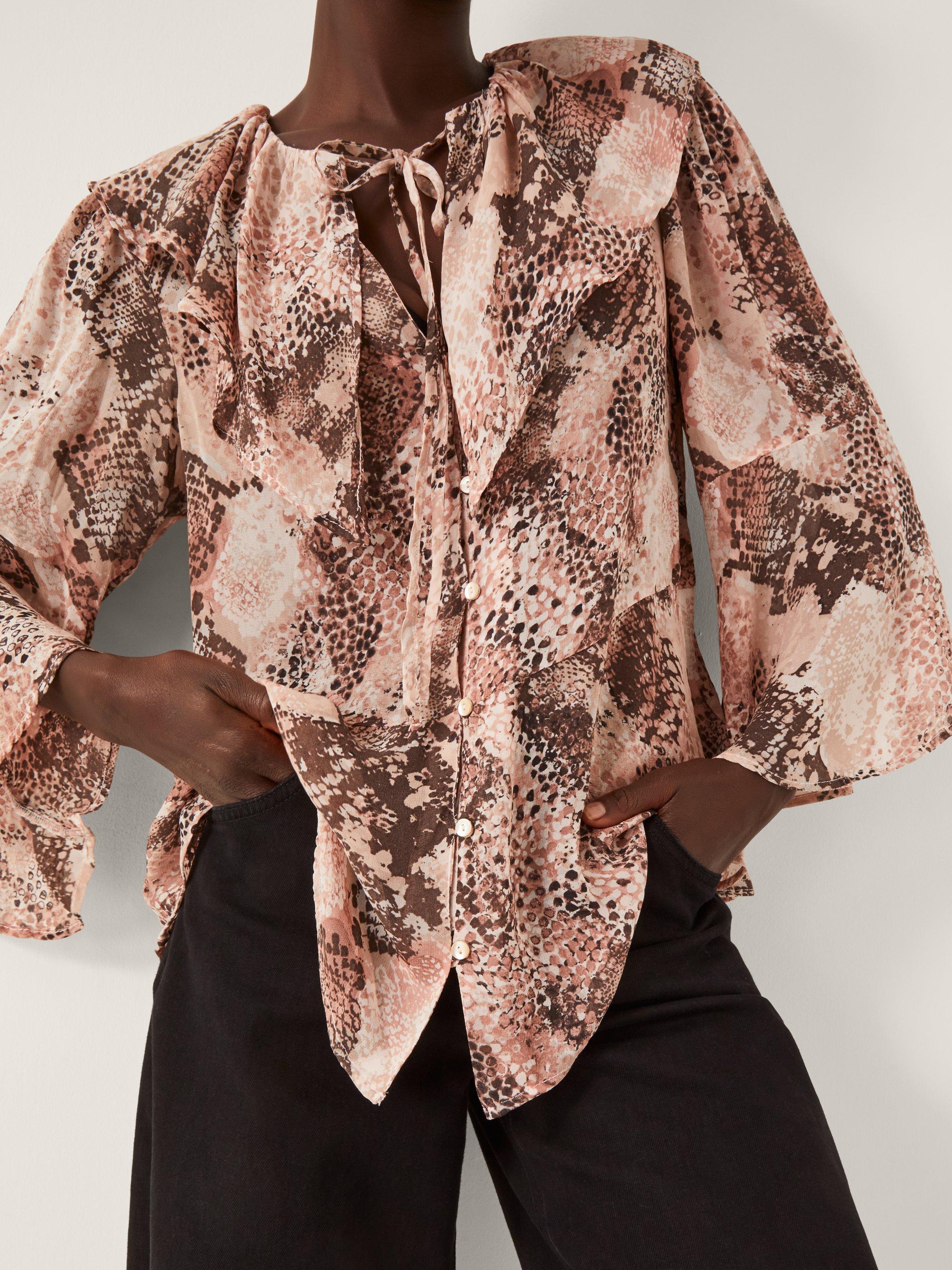 Product image 4 of 5, which shows Monsoon Synthia Snake Ruffle Shirt, Blush, S
