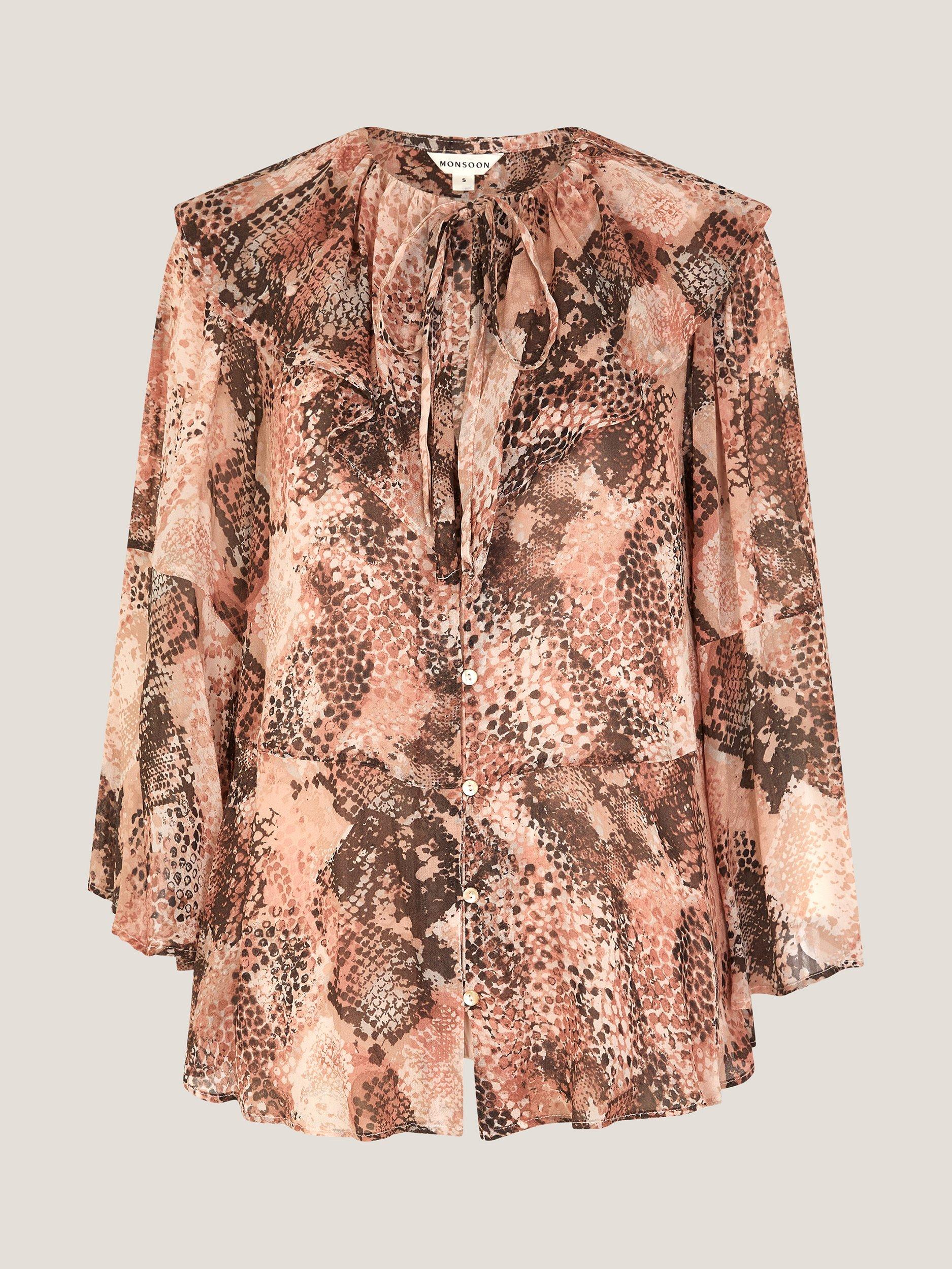 Product image 5 of 5, which shows Monsoon Synthia Snake Ruffle Shirt, Blush, S