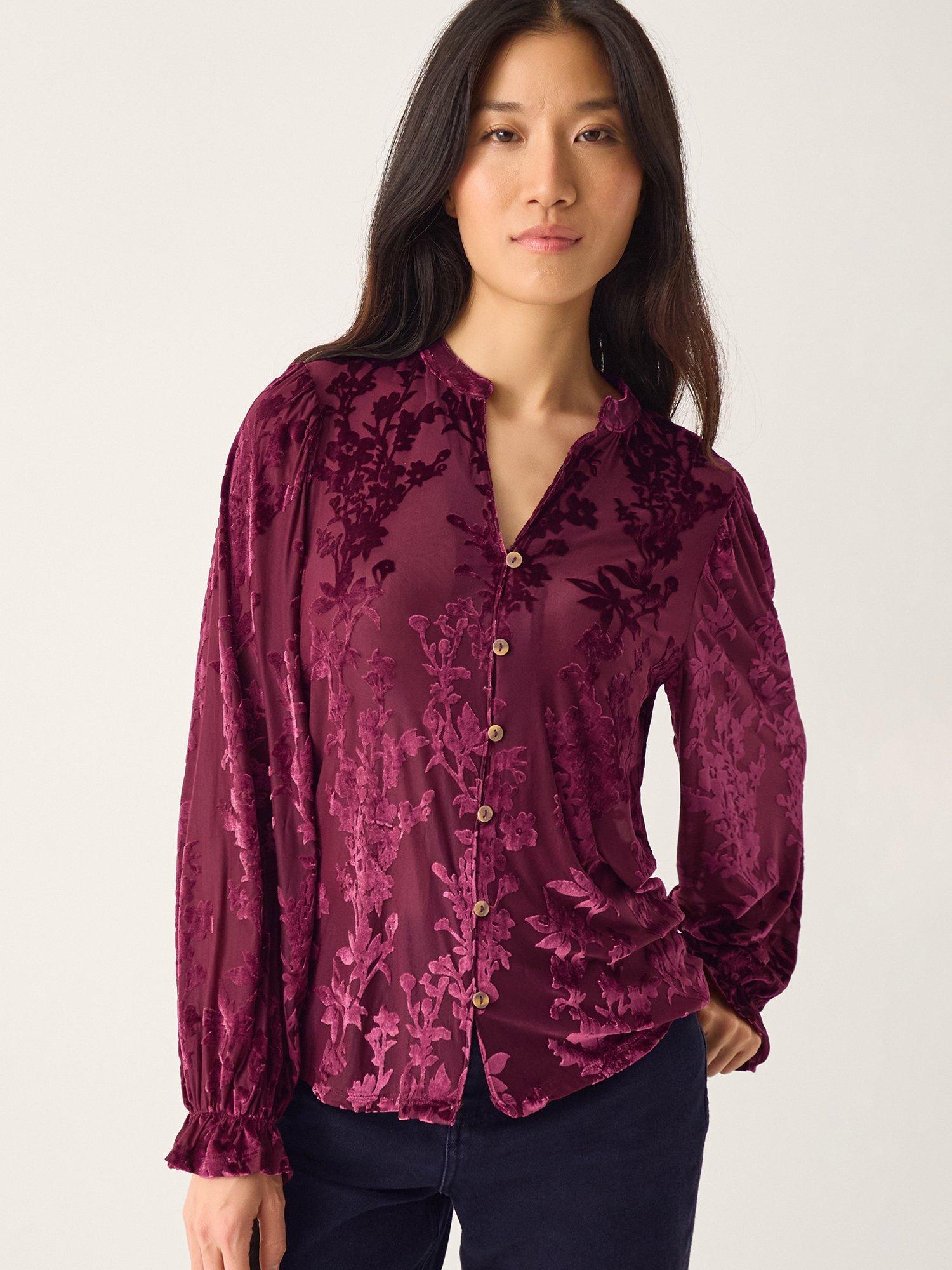 Product image 1 of 4, which shows Monsoon Denva Devoré Velvet Floral Blouse, Berry, L