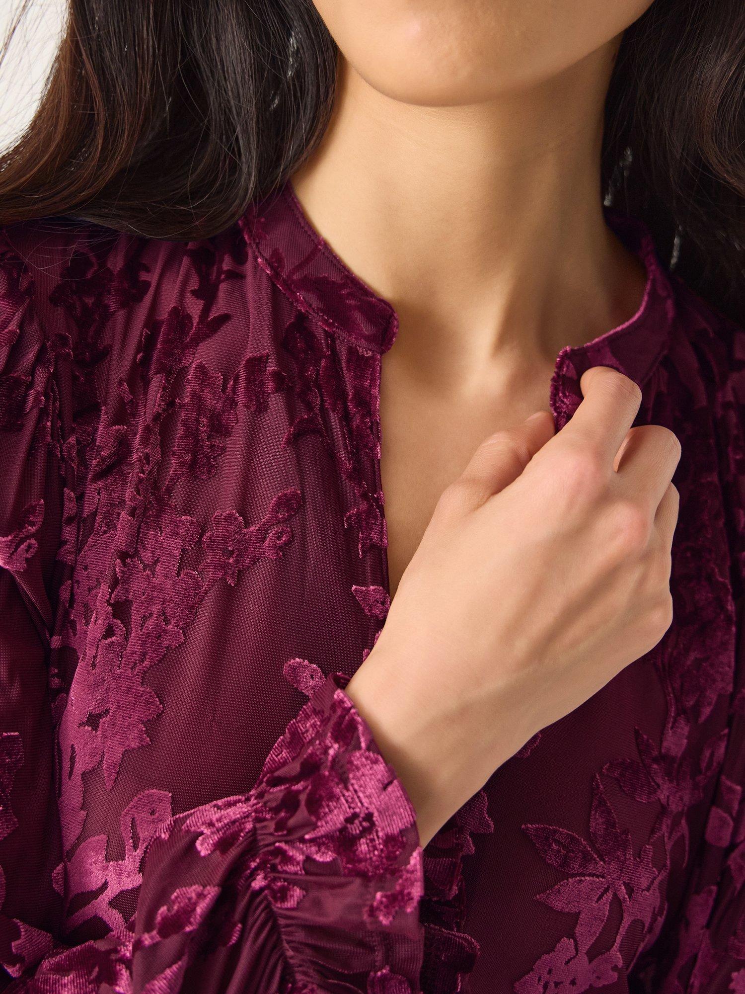 Product image 3 of 4, which shows Monsoon Denva Devoré Velvet Floral Blouse, Berry, L