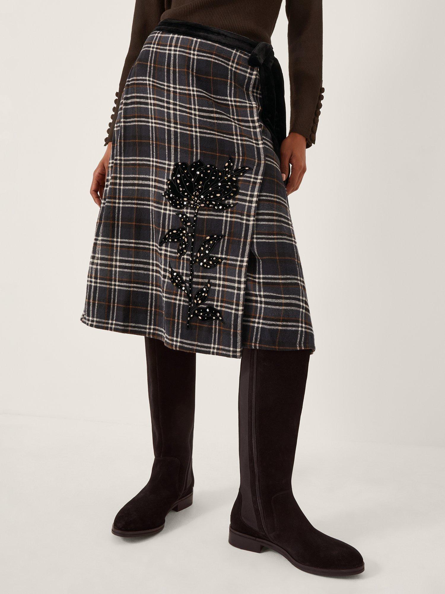 Product image 1 of 5, which shows Monsoon Rue Check Embellished Skirt, Black, 8
