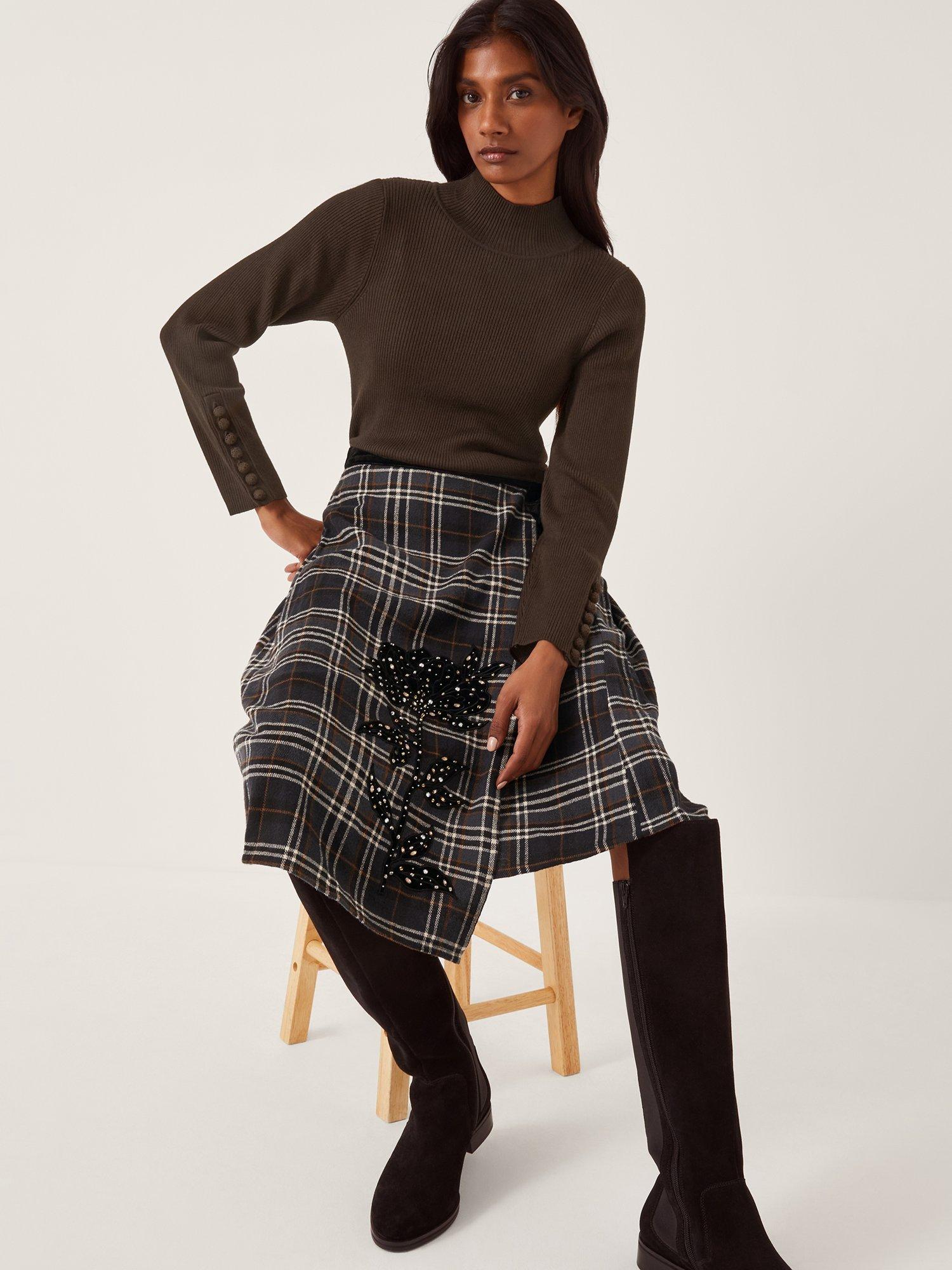 Product image 3 of 5, which shows Monsoon Rue Check Embellished Skirt, Black, 8