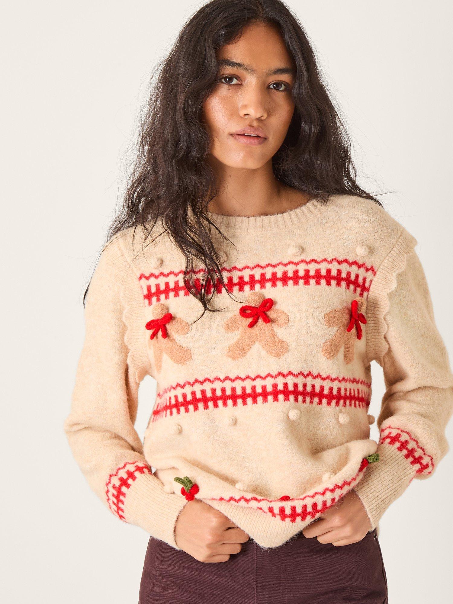 Product image 1 of 5, which shows Monsoon Bess Gingerbread Embellished Jumper, Ivory, XXL