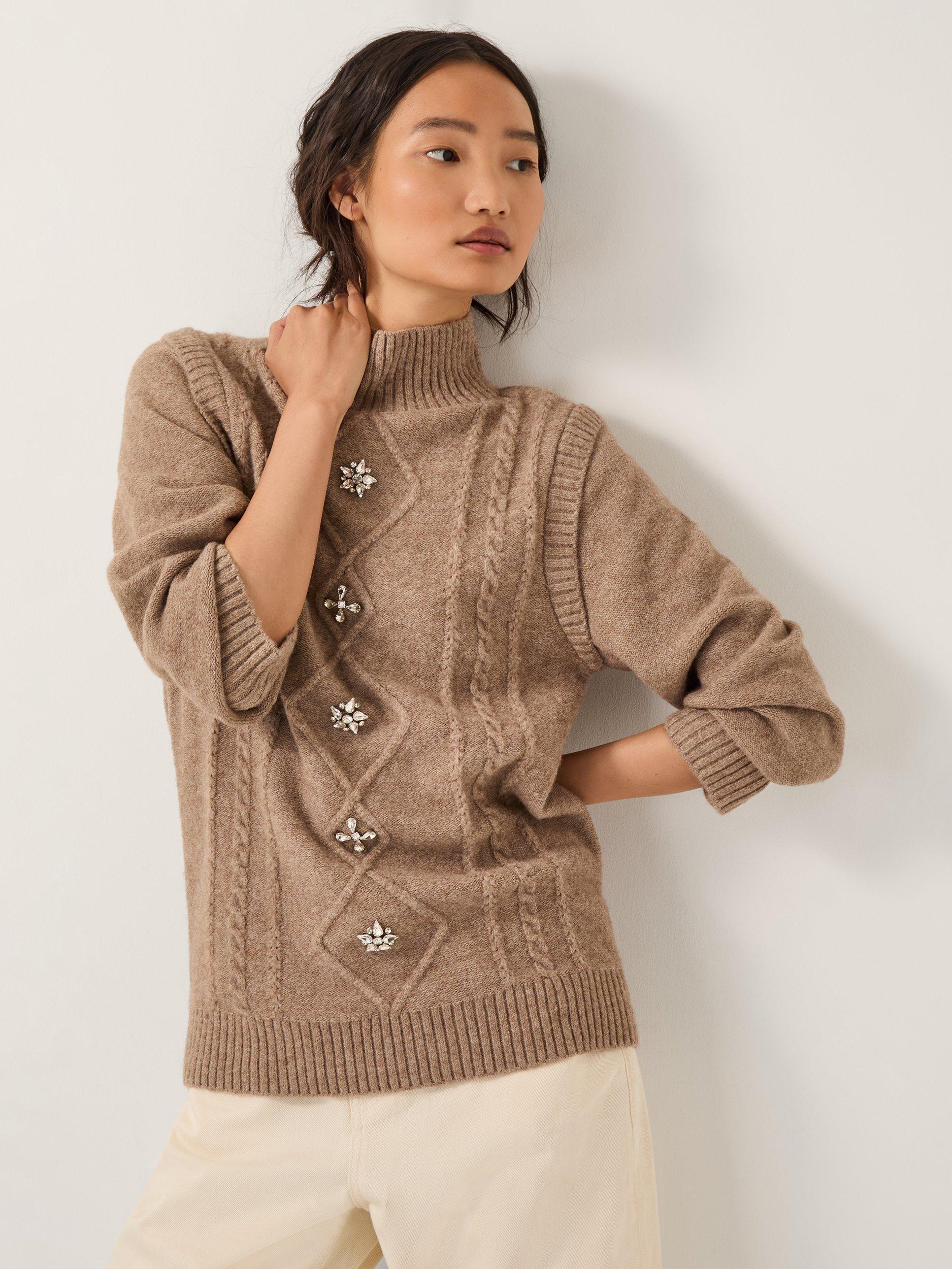 Product image 1 of 5, which shows Monsoon Candice Embellished Cable Knit Jumper, Mink, S