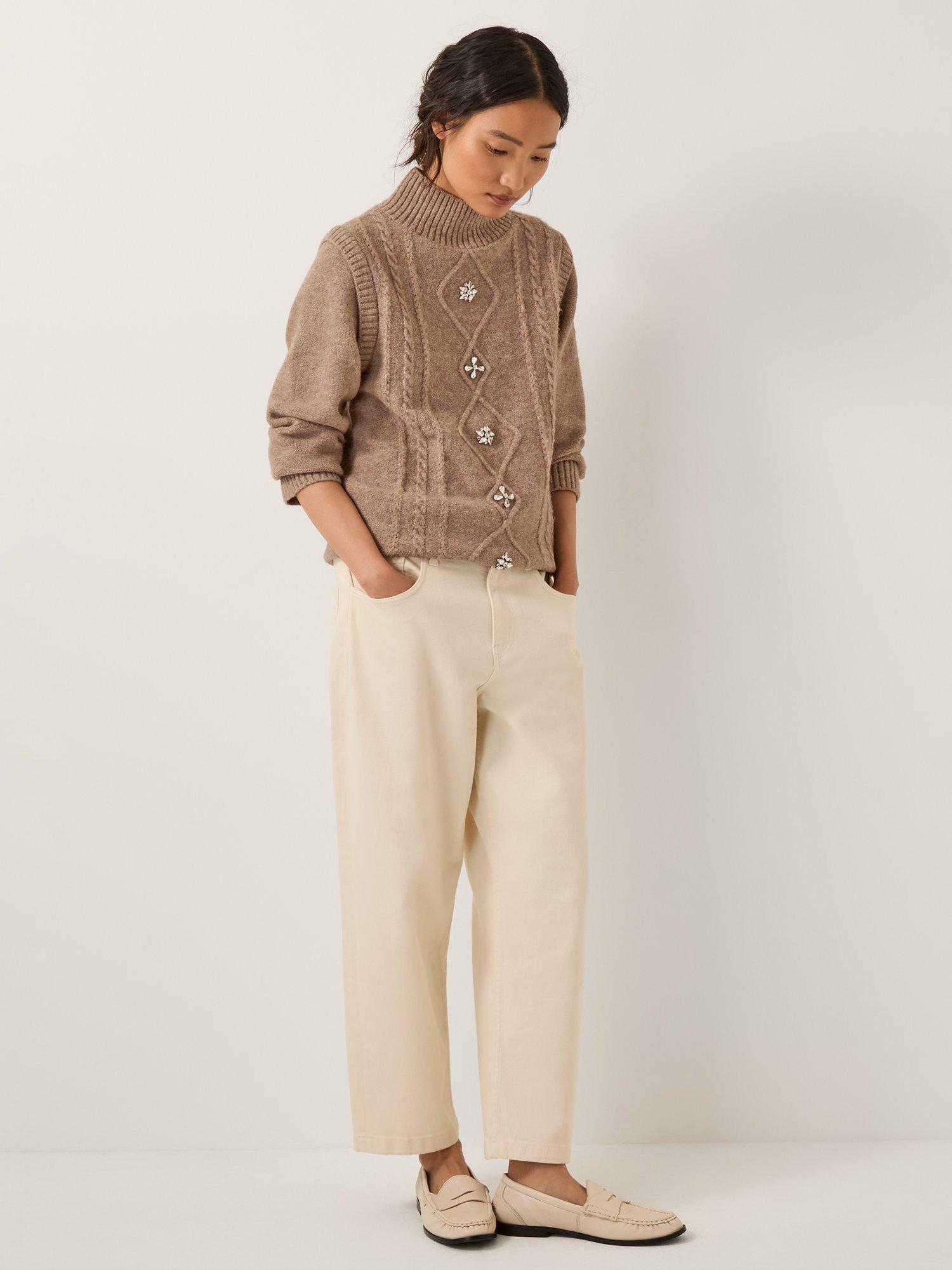 Product image 3 of 5, which shows Monsoon Candice Embellished Cable Knit Jumper, Mink, S