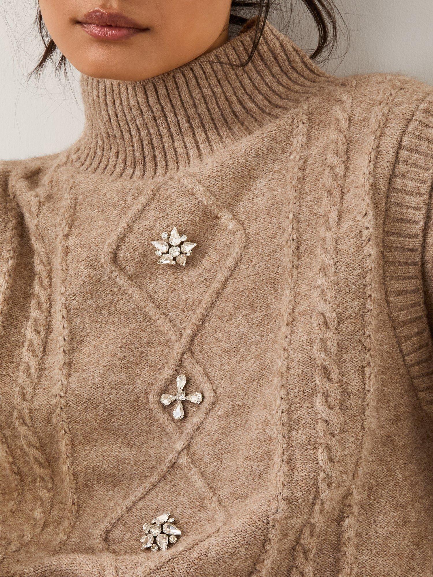 Product image 4 of 5, which shows Monsoon Candice Embellished Cable Knit Jumper, Mink, S