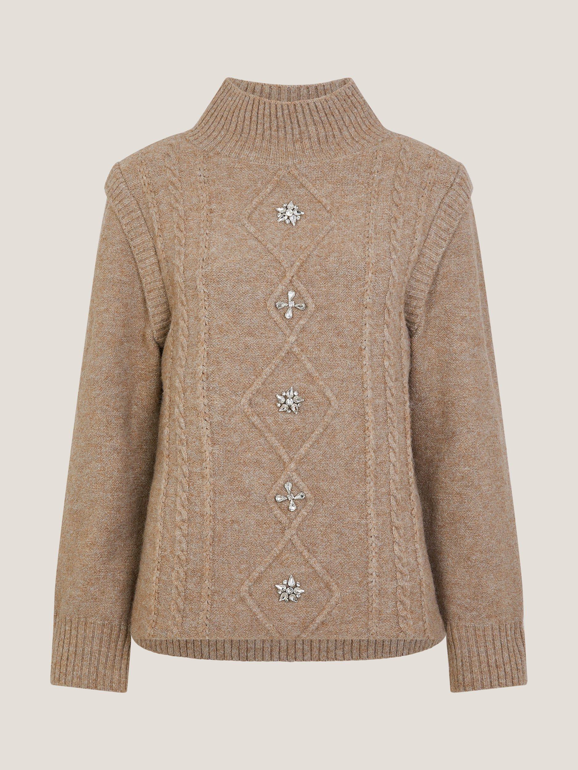 Product image 5 of 5, which shows Monsoon Candice Embellished Cable Knit Jumper, Mink, S