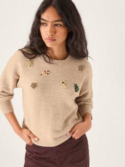 Monsoon Edie Embellished Christmas Jumper, Camel, Camel