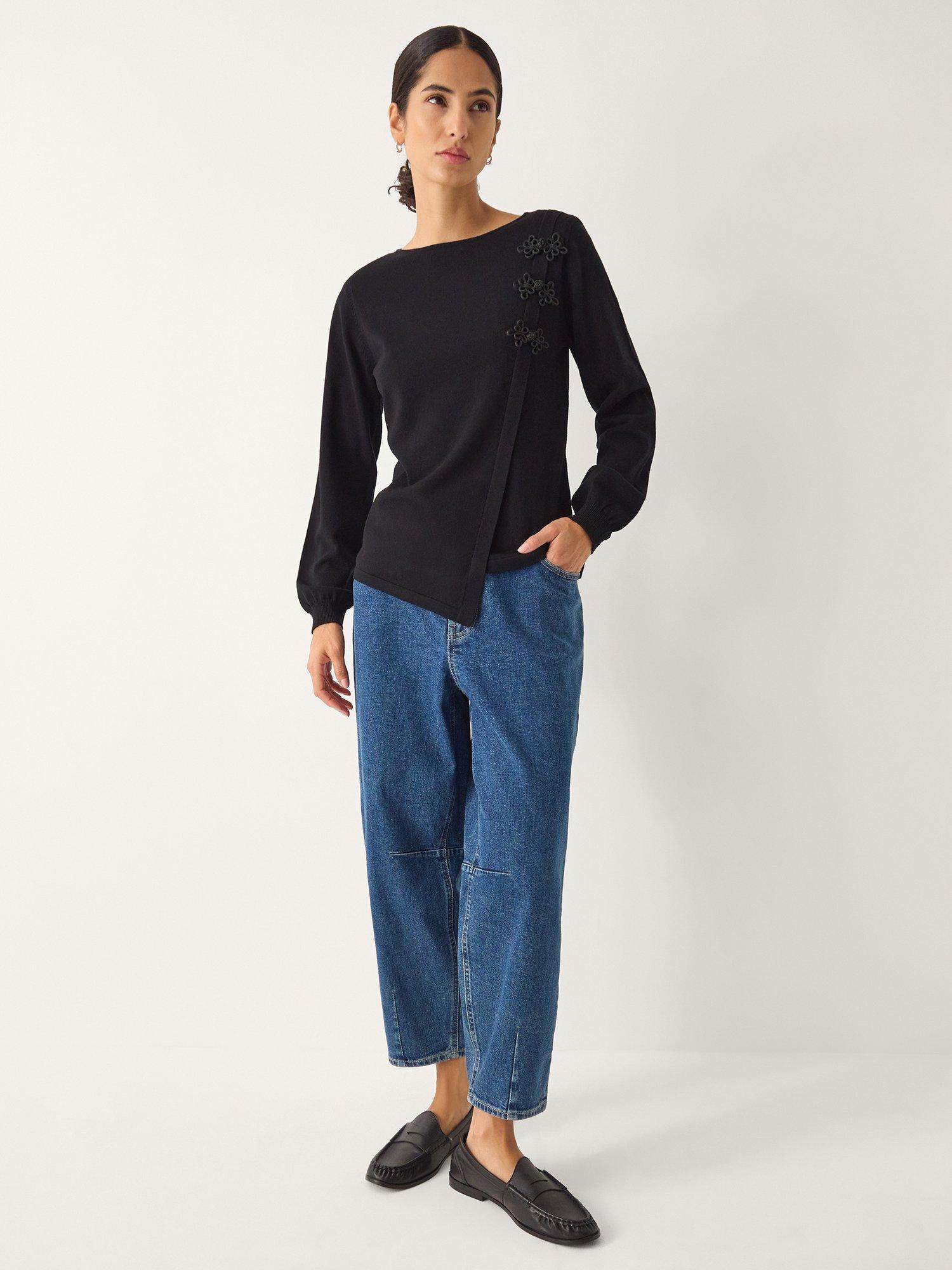 Product image 1 of 4, which shows Monsoon Sofia Knot Button Asymmetrical Jumper, Black, S