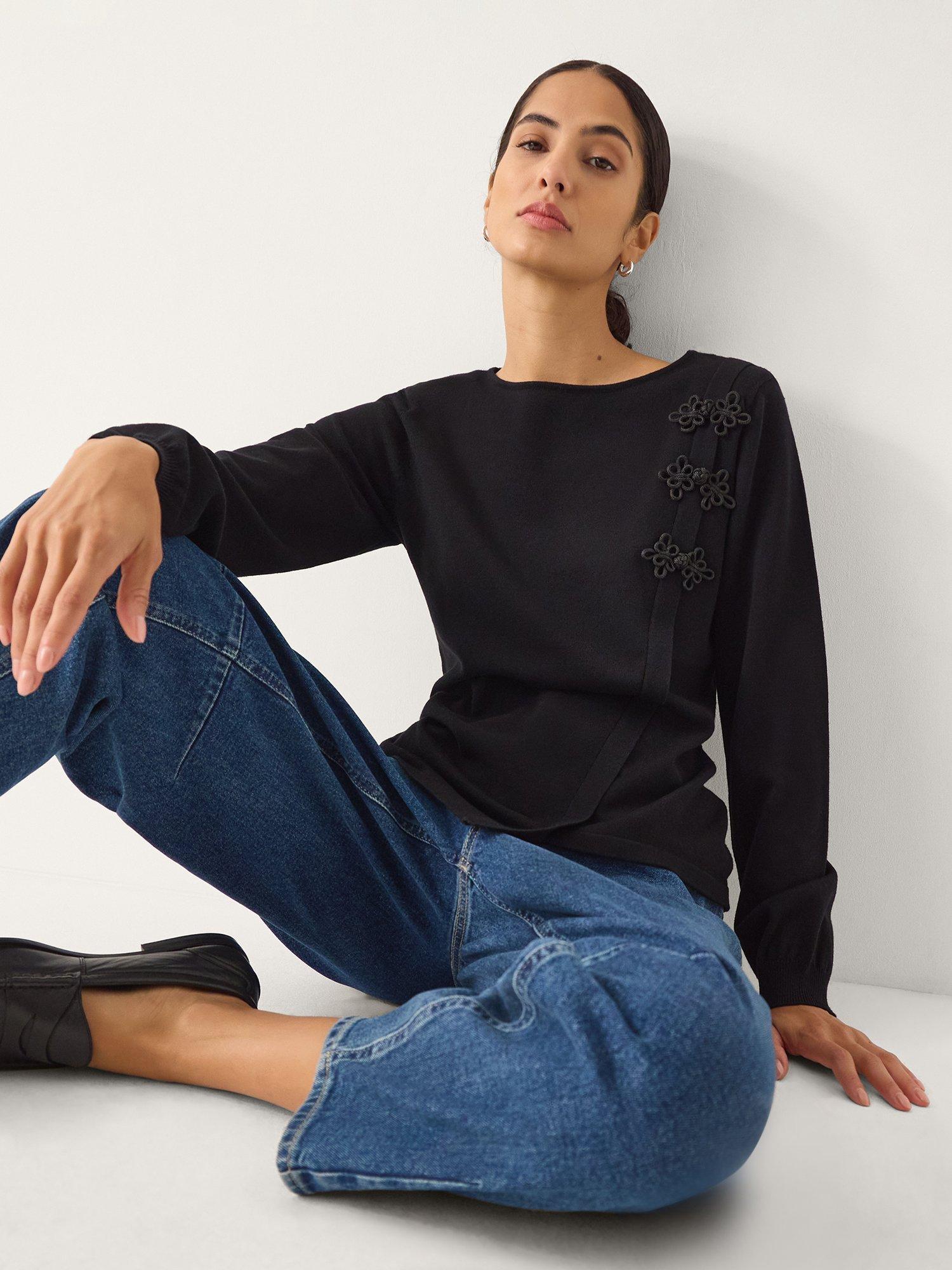 Product image 3 of 4, which shows Monsoon Sofia Knot Button Asymmetrical Jumper, Black, S