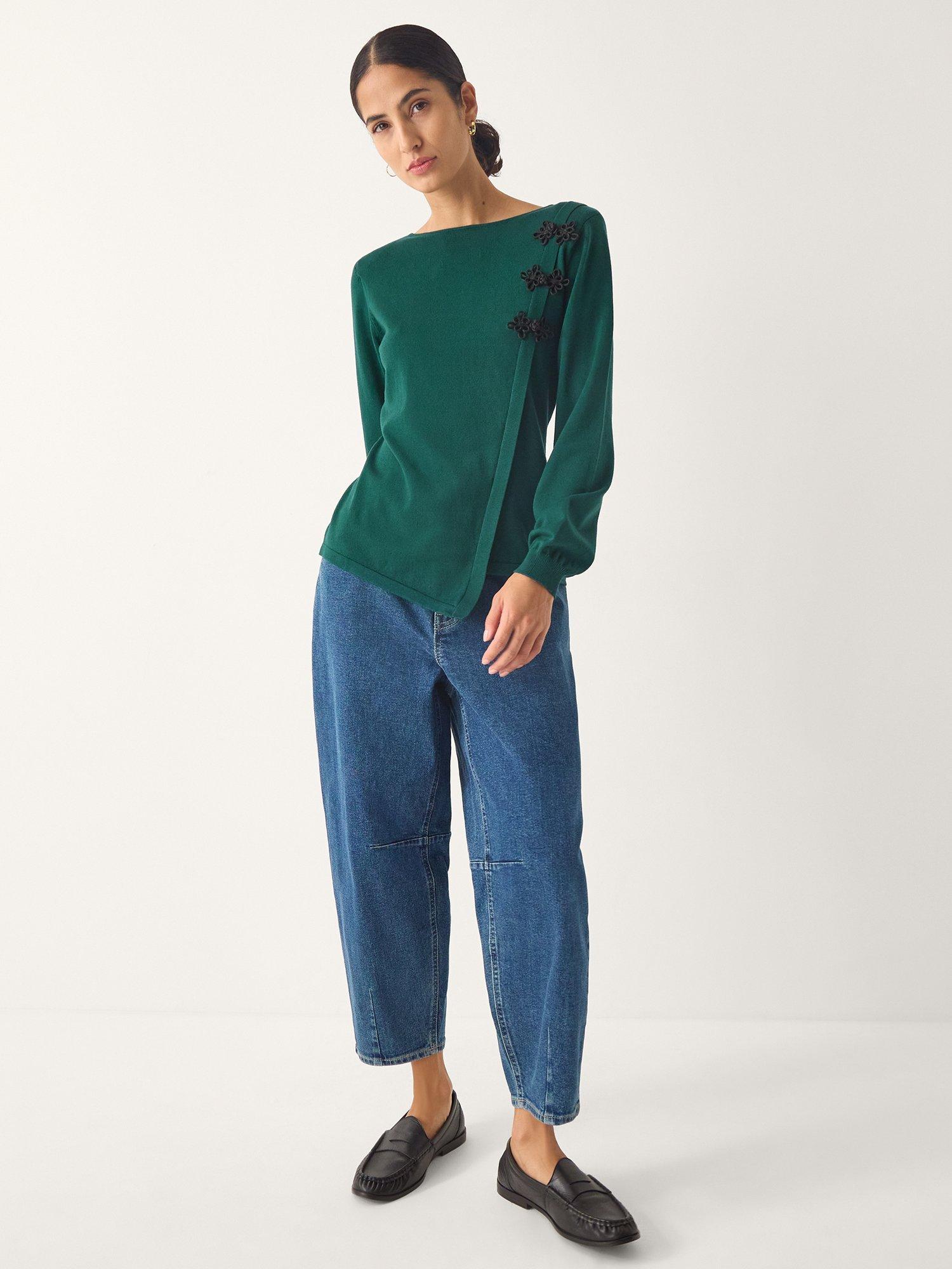 Product image 1 of 4, which shows Monsoon Sofia Knot Button Asymmetrical Jumper, Teal, S