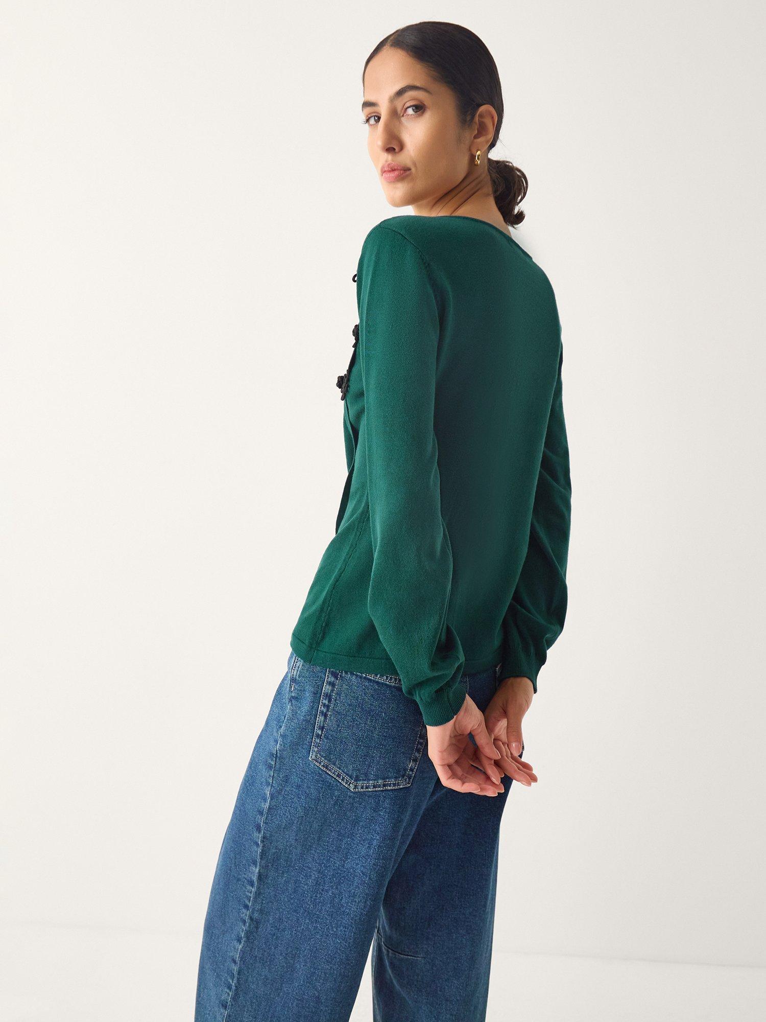 Product image 2 of 4, which shows Monsoon Sofia Knot Button Asymmetrical Jumper, Teal, S