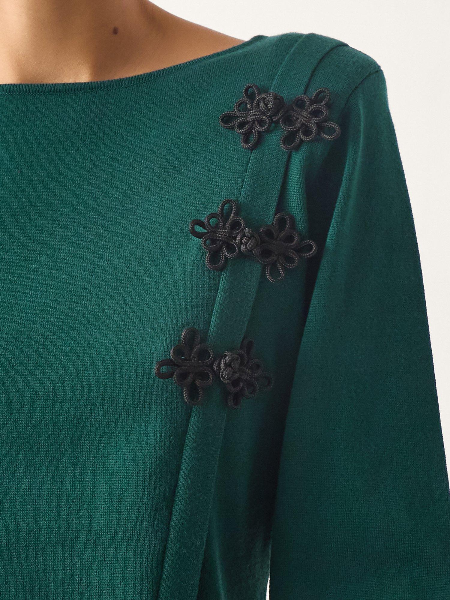 Product image 3 of 4, which shows Monsoon Sofia Knot Button Asymmetrical Jumper, Teal, S