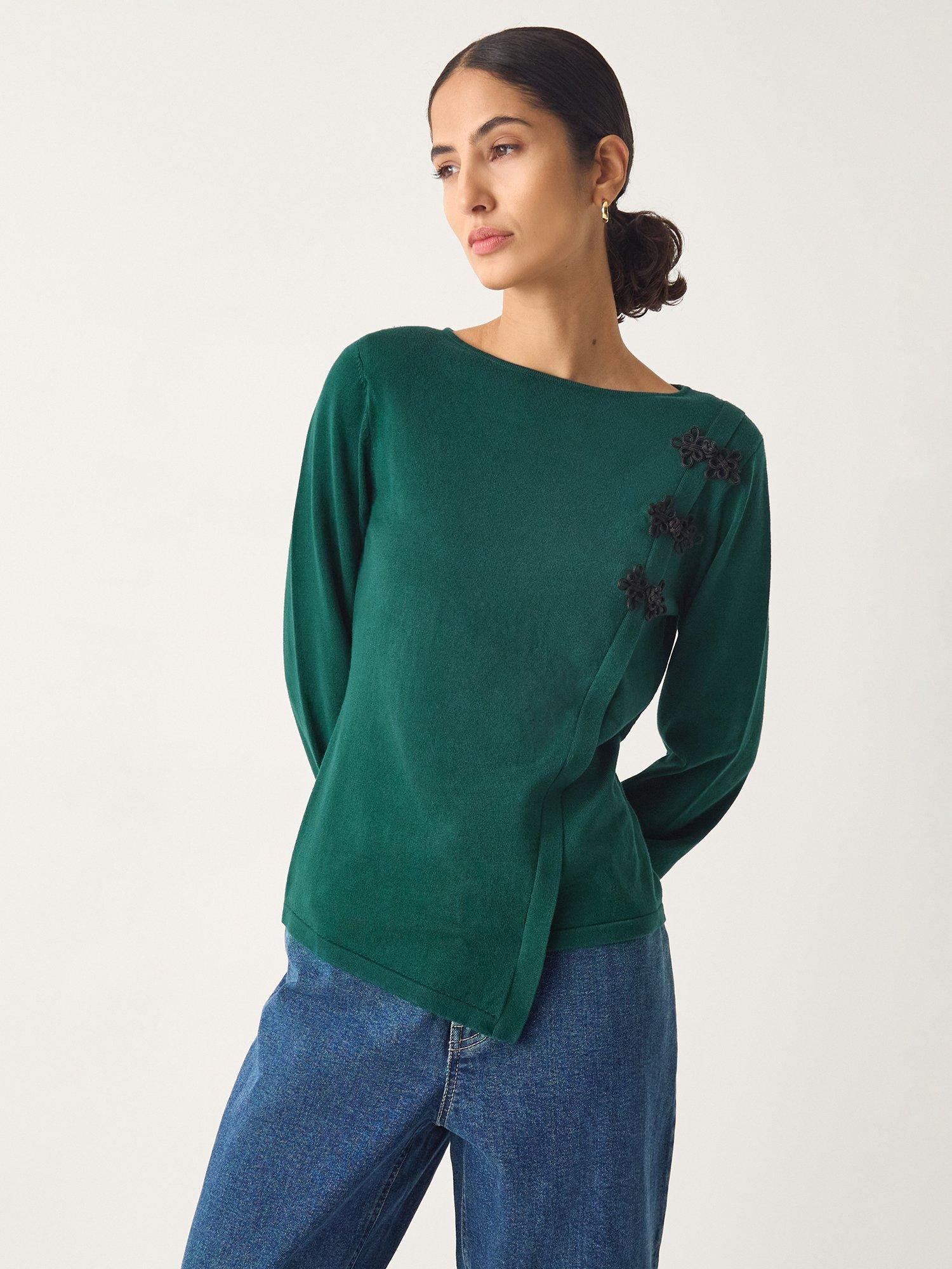 Product image 4 of 4, which shows Monsoon Sofia Knot Button Asymmetrical Jumper, Teal, S