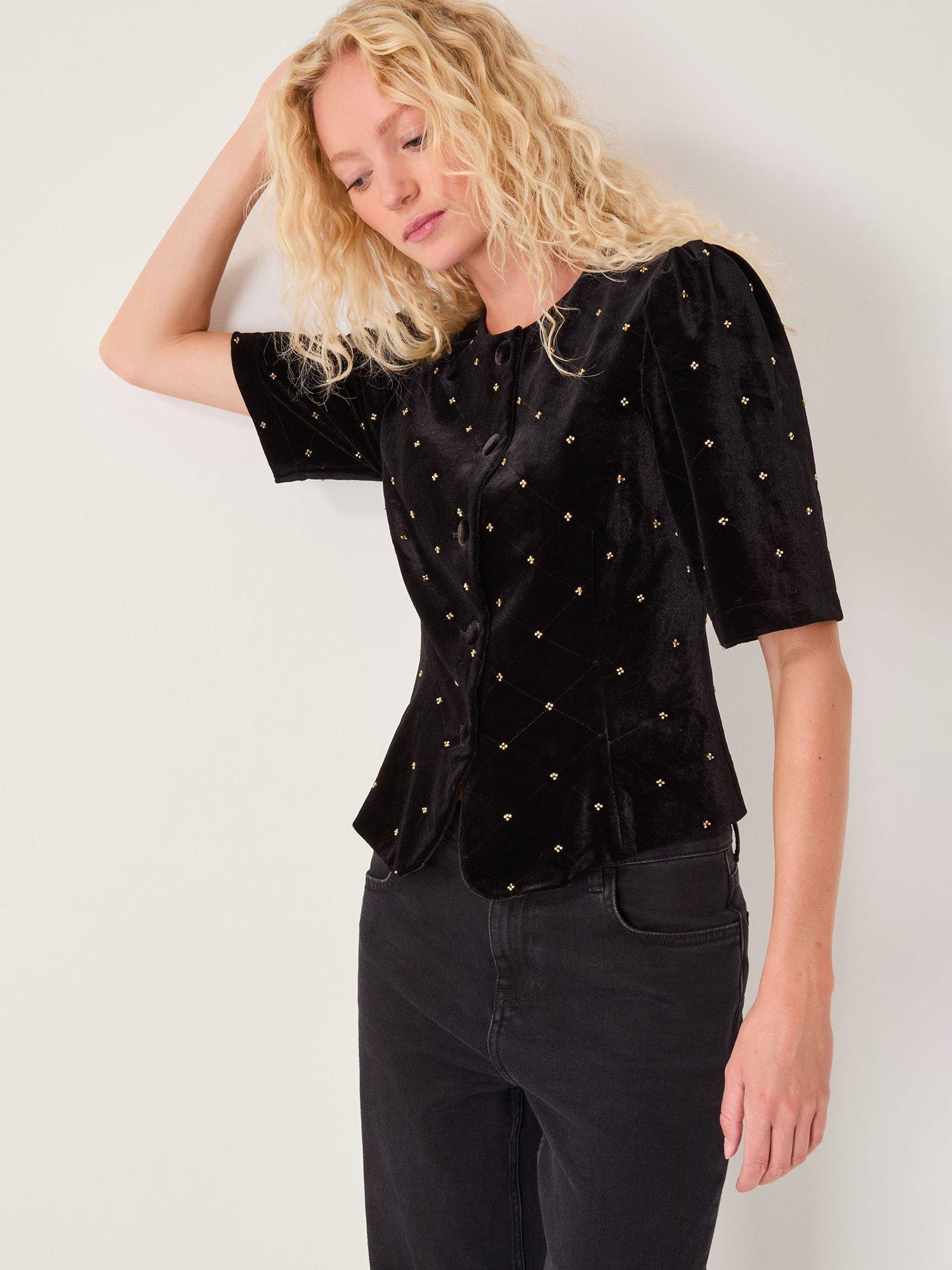 Product image 1 of 5, which shows Monsoon Emma Embellished Velvet Top, Black, 8