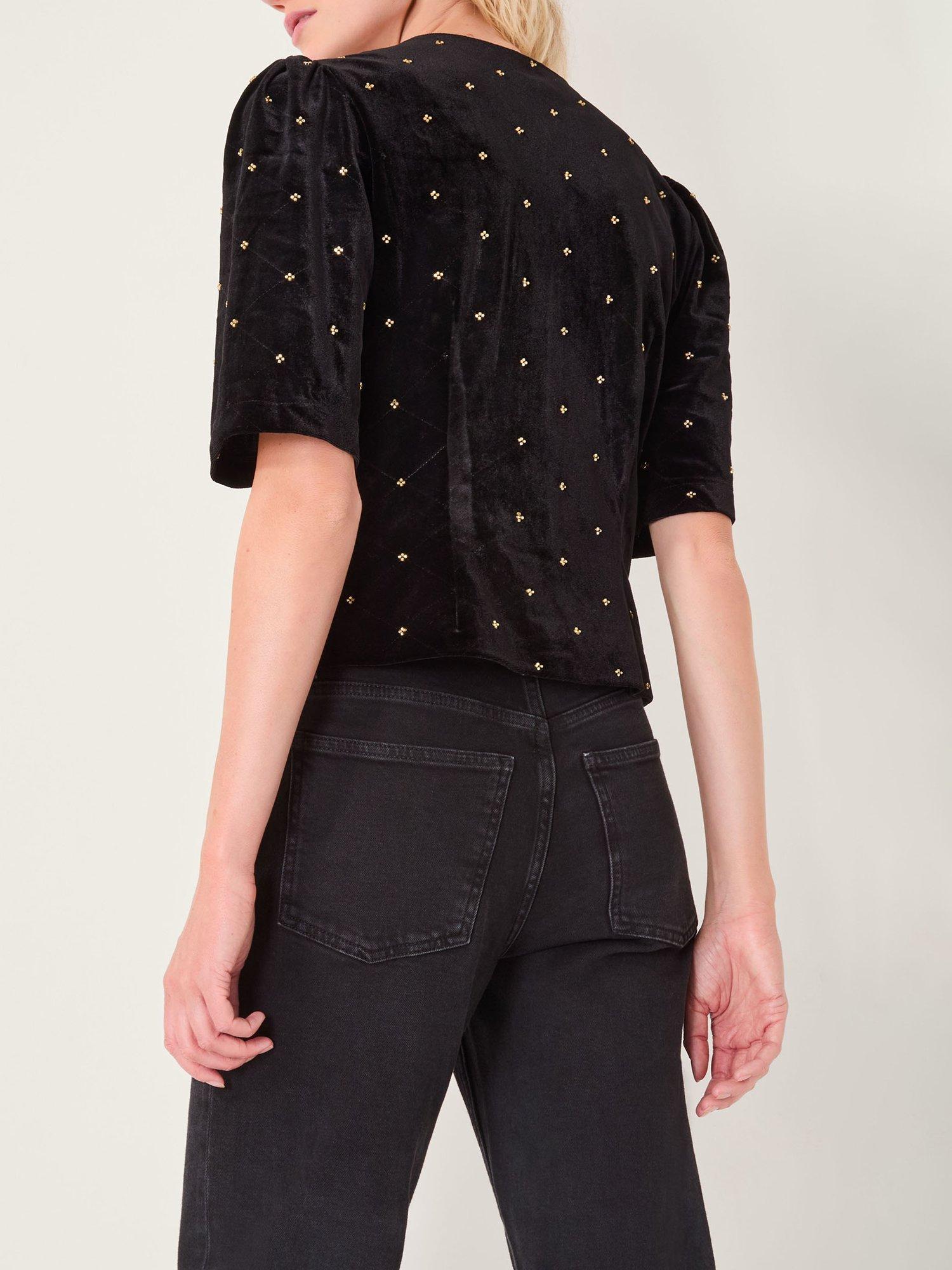 Product image 2 of 5, which shows Monsoon Emma Embellished Velvet Top, Black, 8