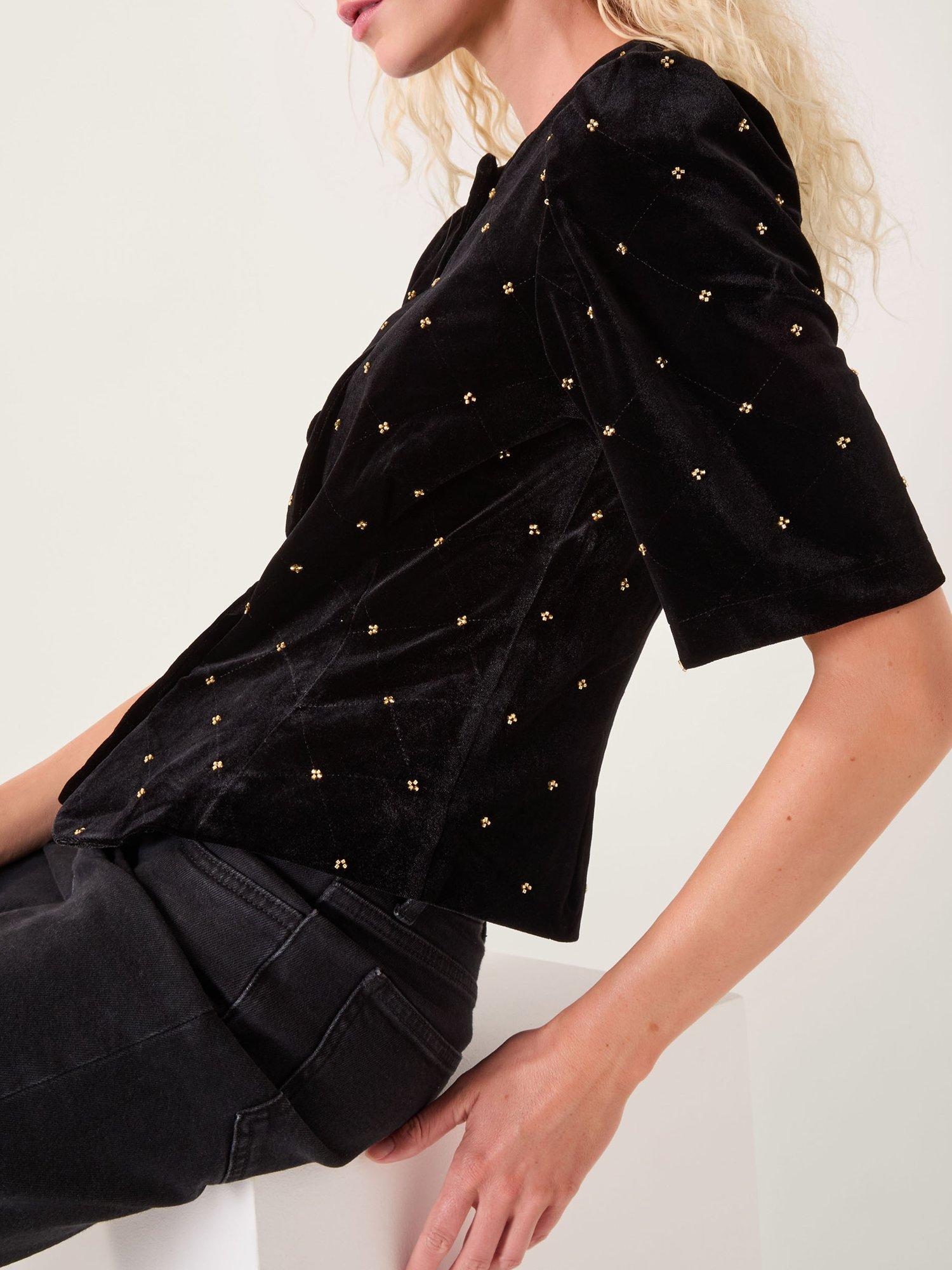 Product image 4 of 5, which shows Monsoon Emma Embellished Velvet Top, Black, 8