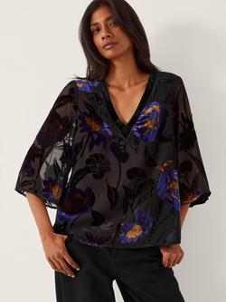 Monsoon Giselle Floral Velvet Top, Midnight, Midnight