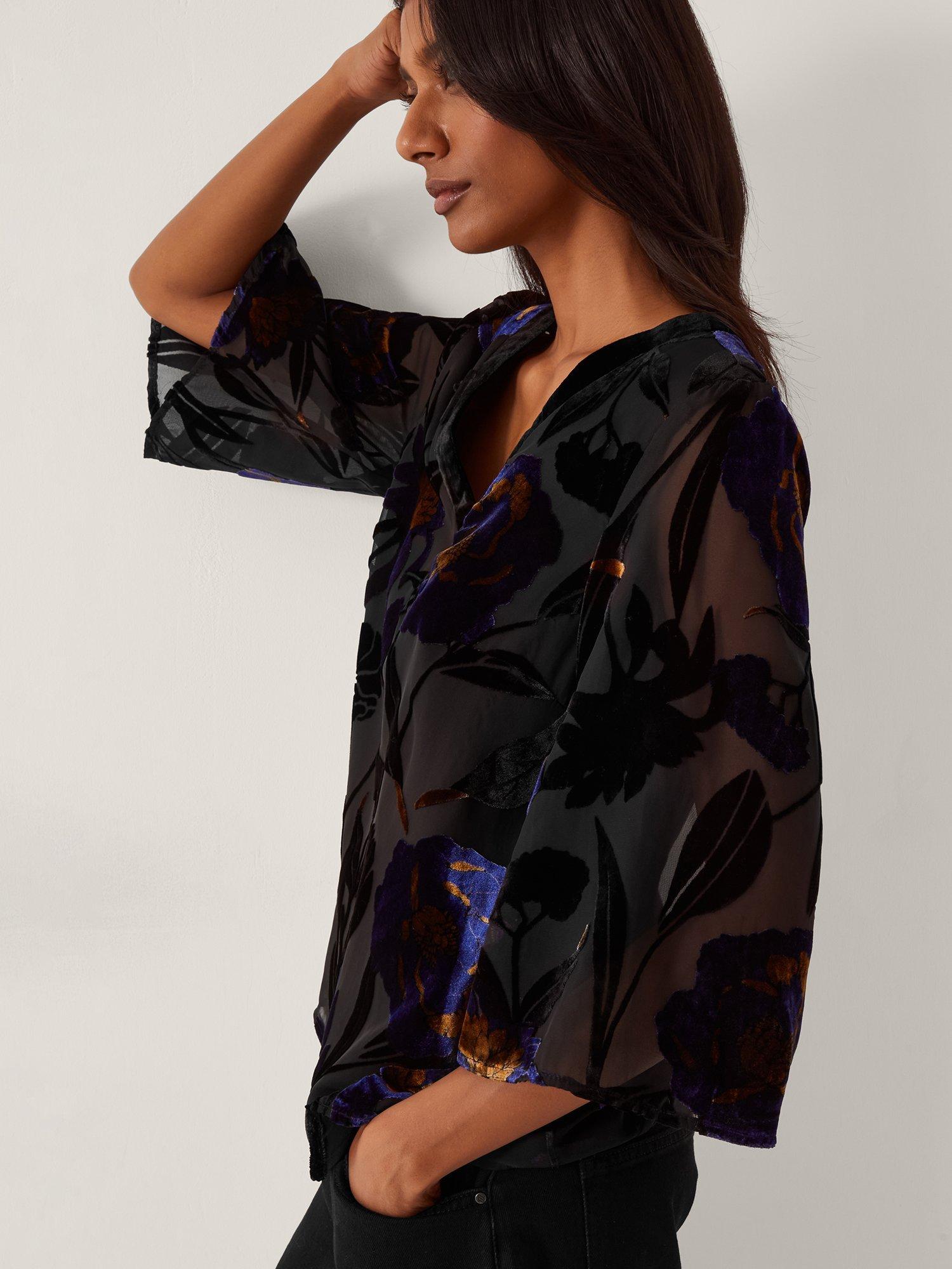 Product image 3 of 5, which shows Monsoon Giselle Floral Velvet Top, Midnight, S