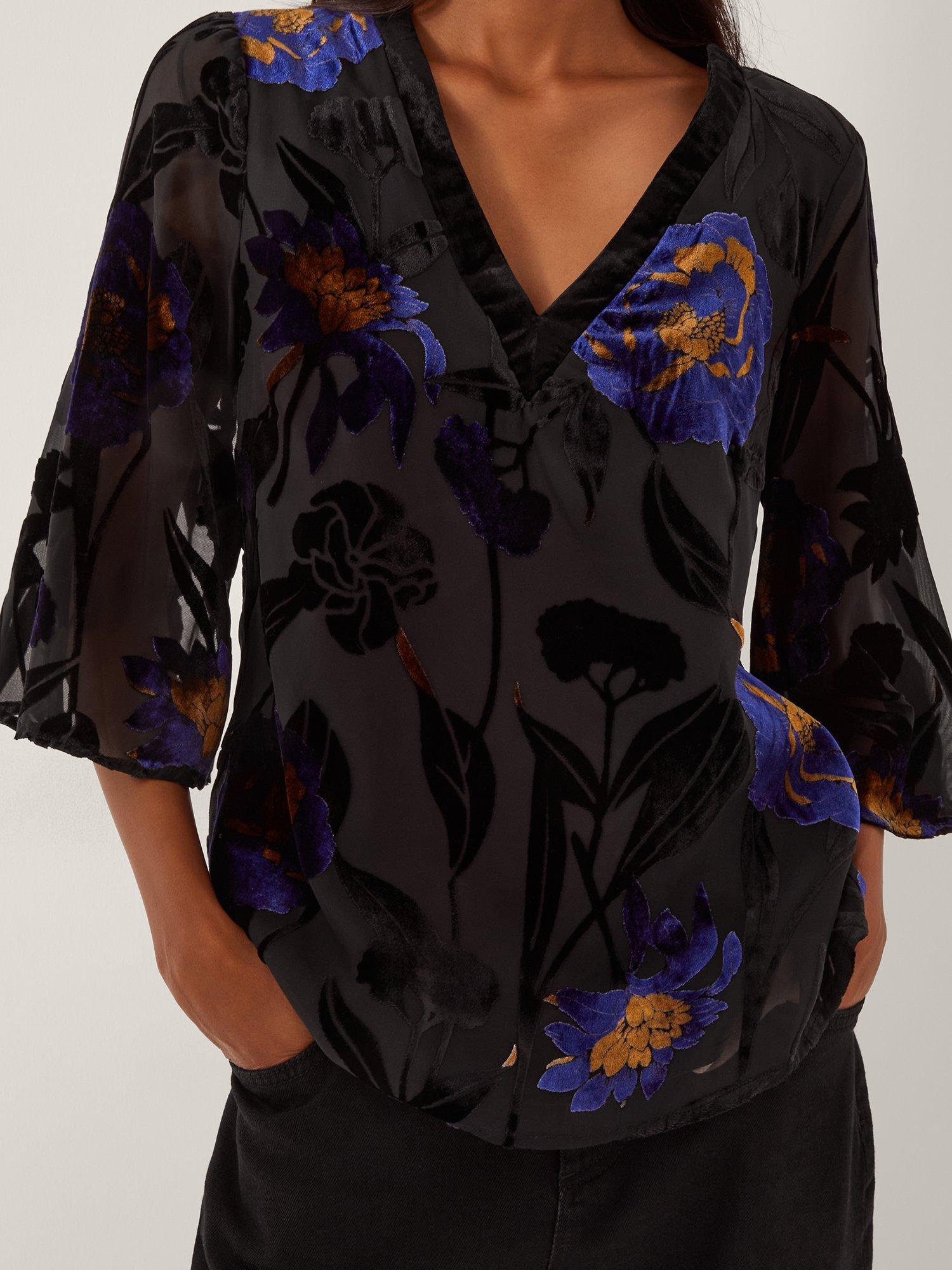 Product image 4 of 5, which shows Monsoon Giselle Floral Velvet Top, Midnight, S