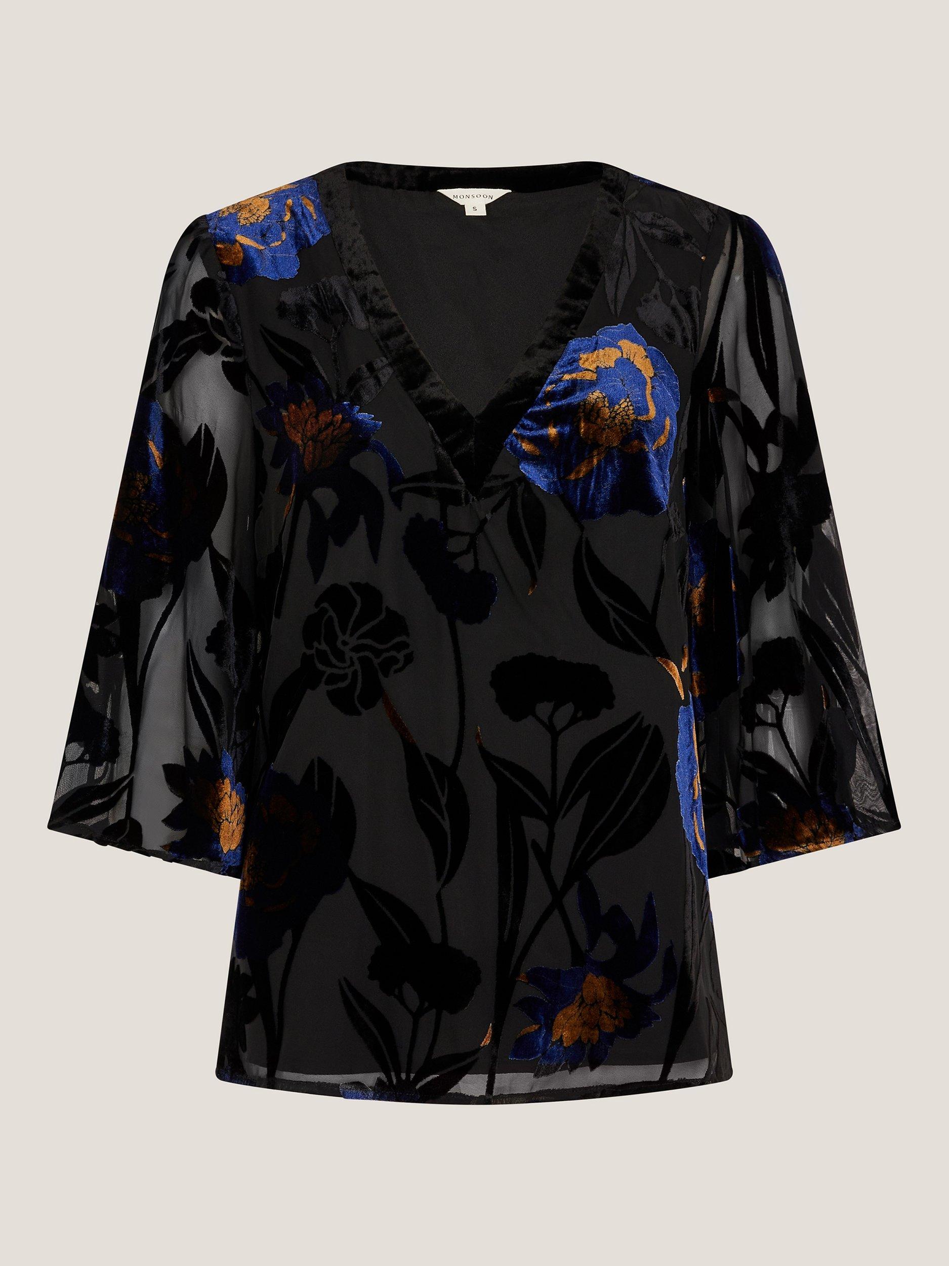 Product image 5 of 5, which shows Monsoon Giselle Floral Velvet Top, Midnight, S
