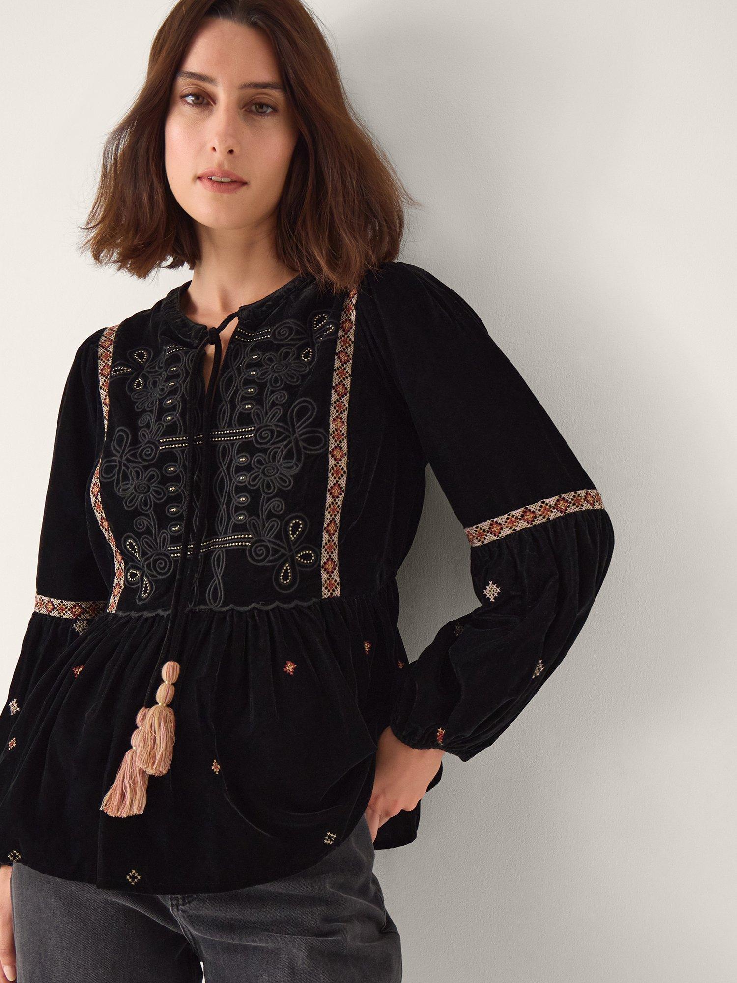 Product image 1 of 4, which shows Monsoon Noni Embellished Velvet Top, Black, M