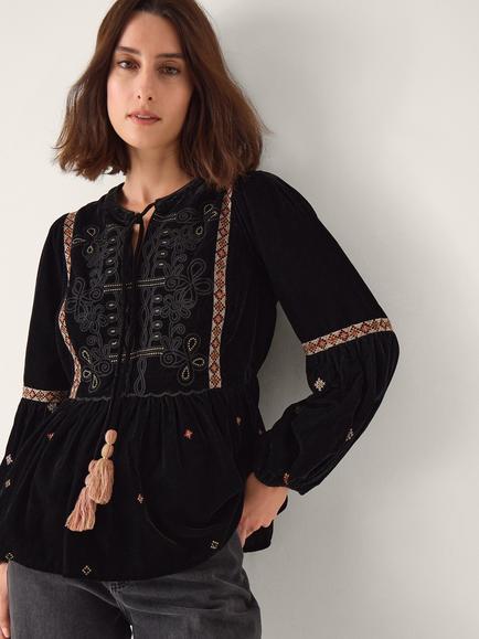 Monsoon Noni Embellished Velvet Top, Black, Black