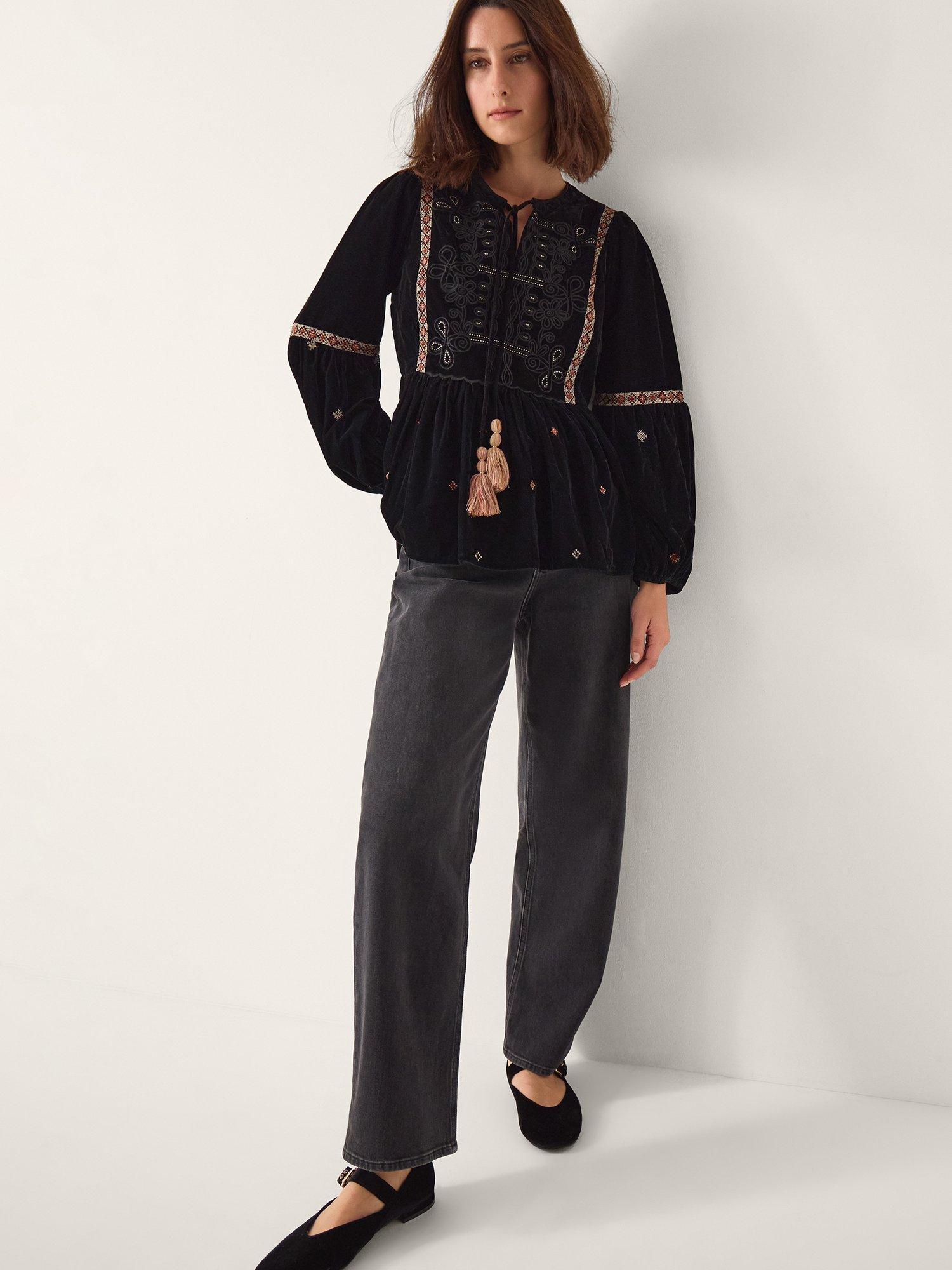 Product image 3 of 4, which shows Monsoon Noni Embellished Velvet Top, Black, M