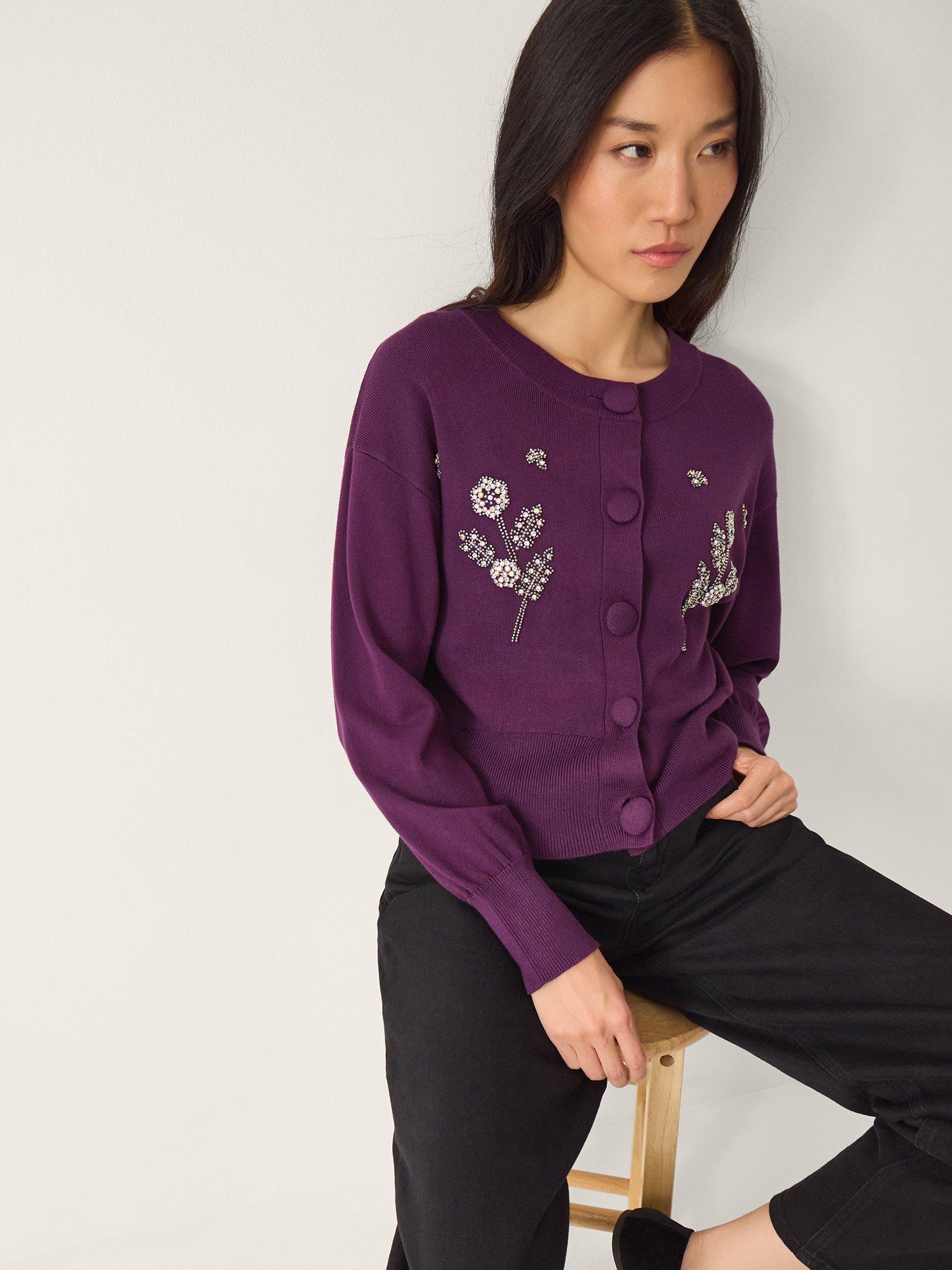 Product image 1 of 4, which shows Monsoon Ember Embellished Cardigan, Aubergine, S