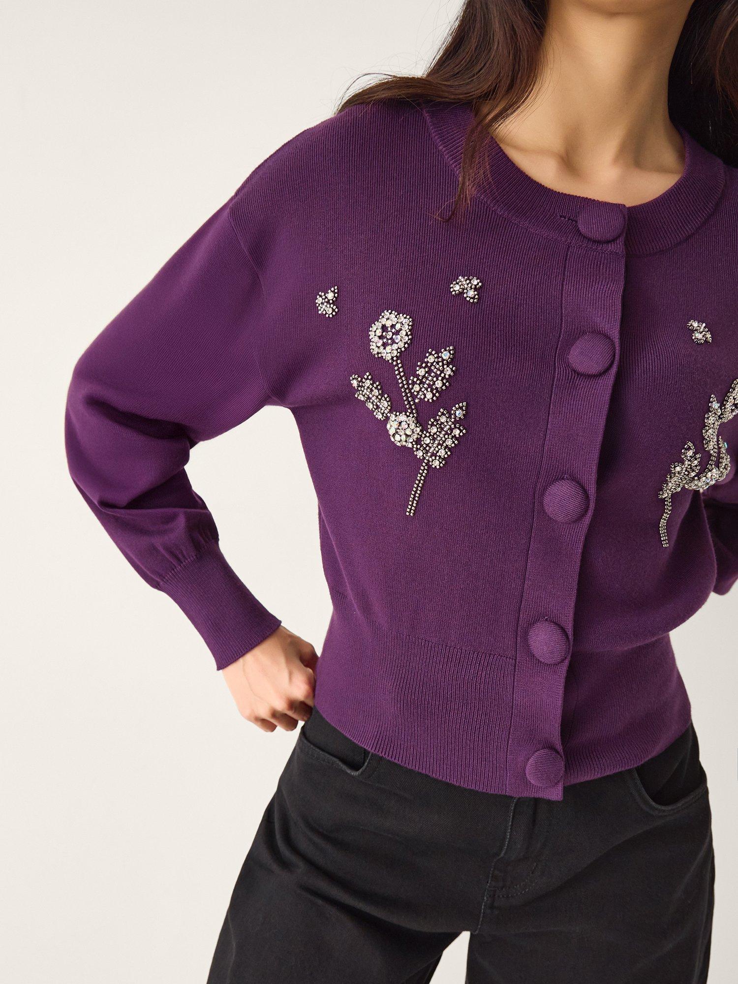 Product image 3 of 4, which shows Monsoon Ember Embellished Cardigan, Aubergine, S