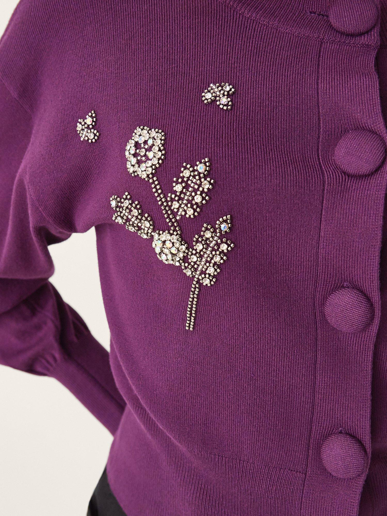 Product image 4 of 4, which shows Monsoon Ember Embellished Cardigan, Aubergine, S