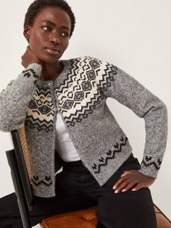 Monsoon Fina Embellished Fair Isle Cardigan, Grey, Grey