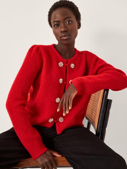 Monsoon Fessa Brooch Cardigan, Red, Red