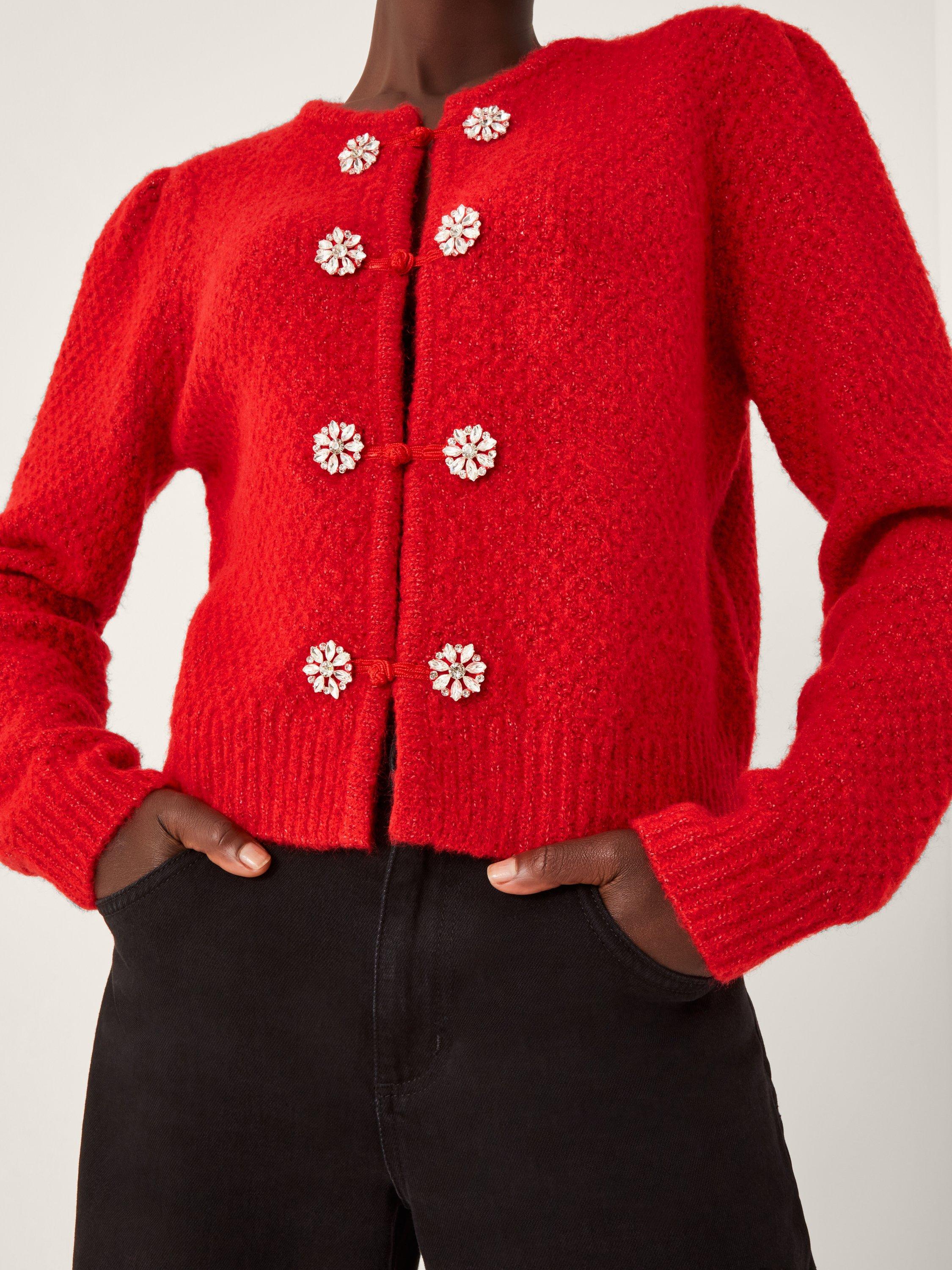 Product image 4 of 5, which shows Monsoon Fessa Brooch Cardigan, Red, S
