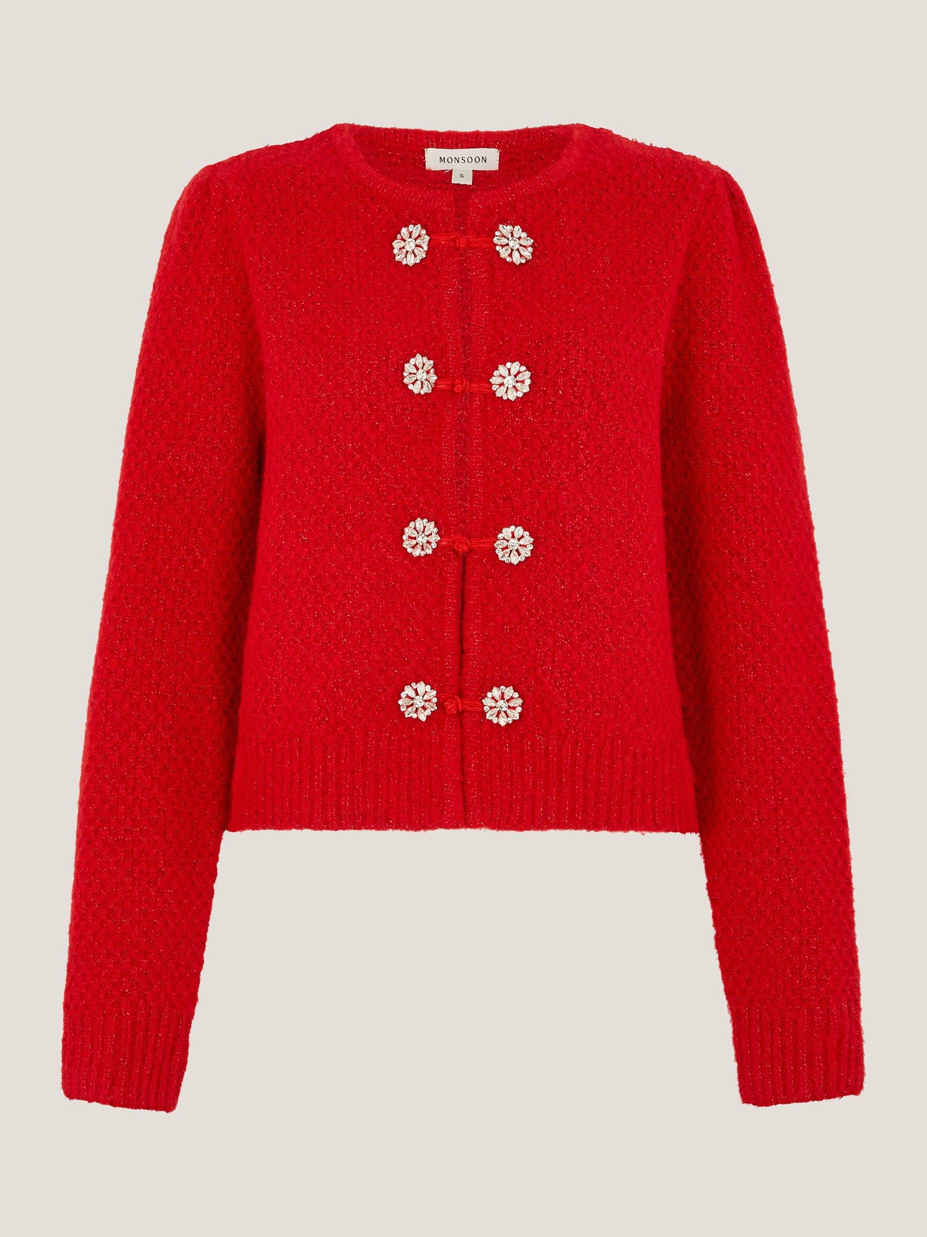Product image 5 of 5, which shows Monsoon Fessa Brooch Cardigan, Red, S