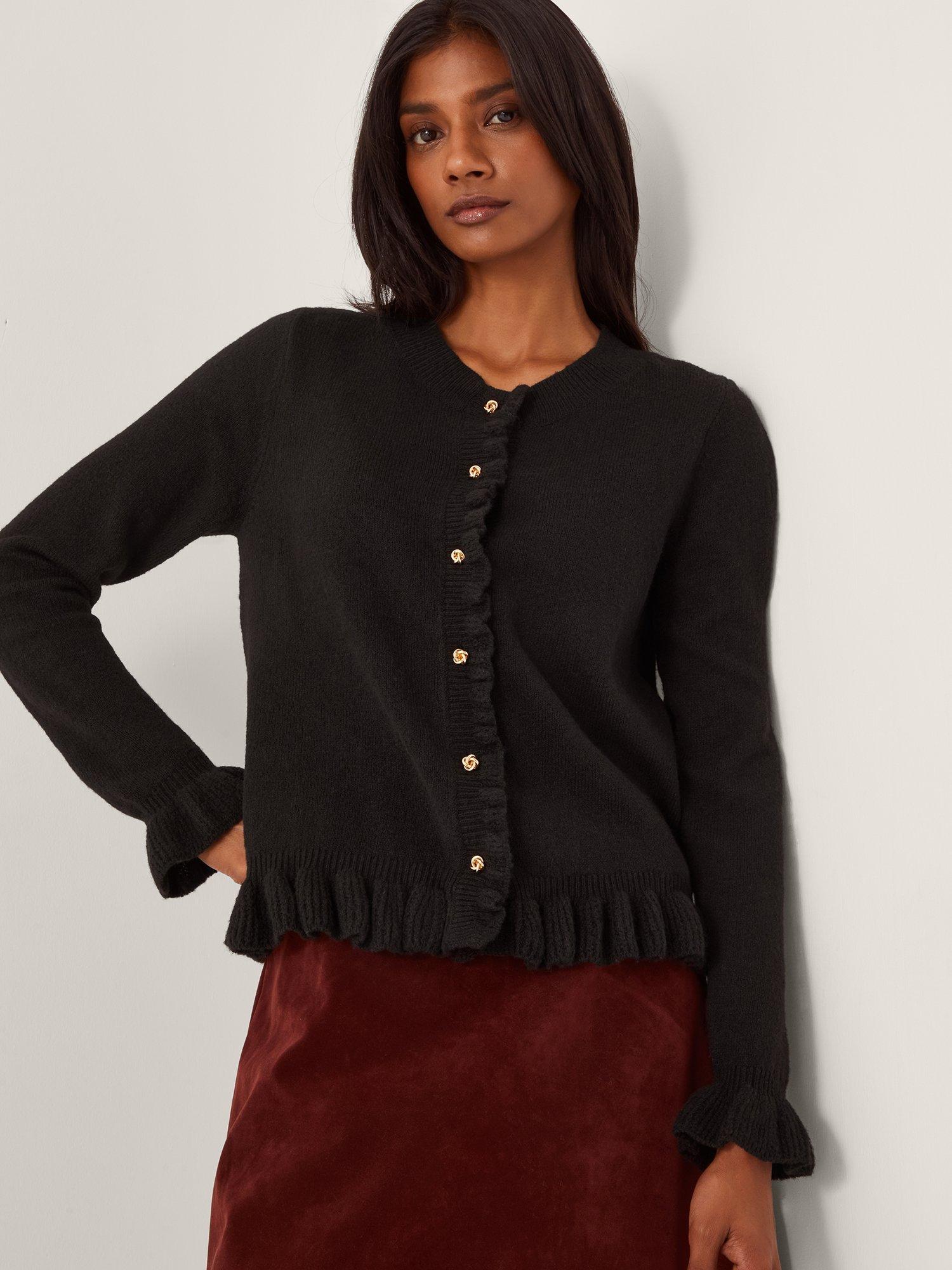 Product image 1 of 5, which shows Monsoon Rina Ruffle Cardigan, Black, S