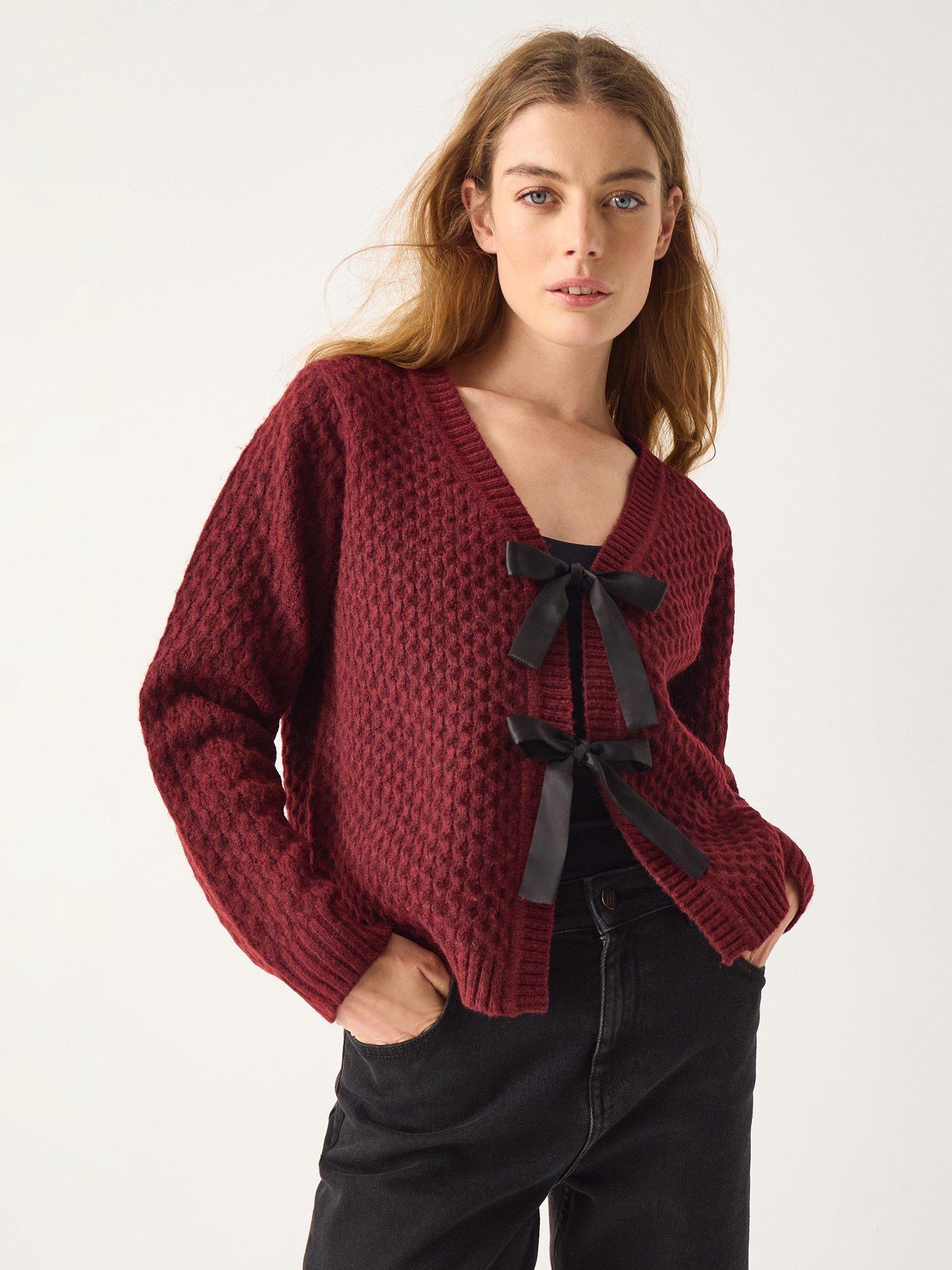Product image 1 of 4, which shows Monsoon Tina Tie Cardigan, Berry, M