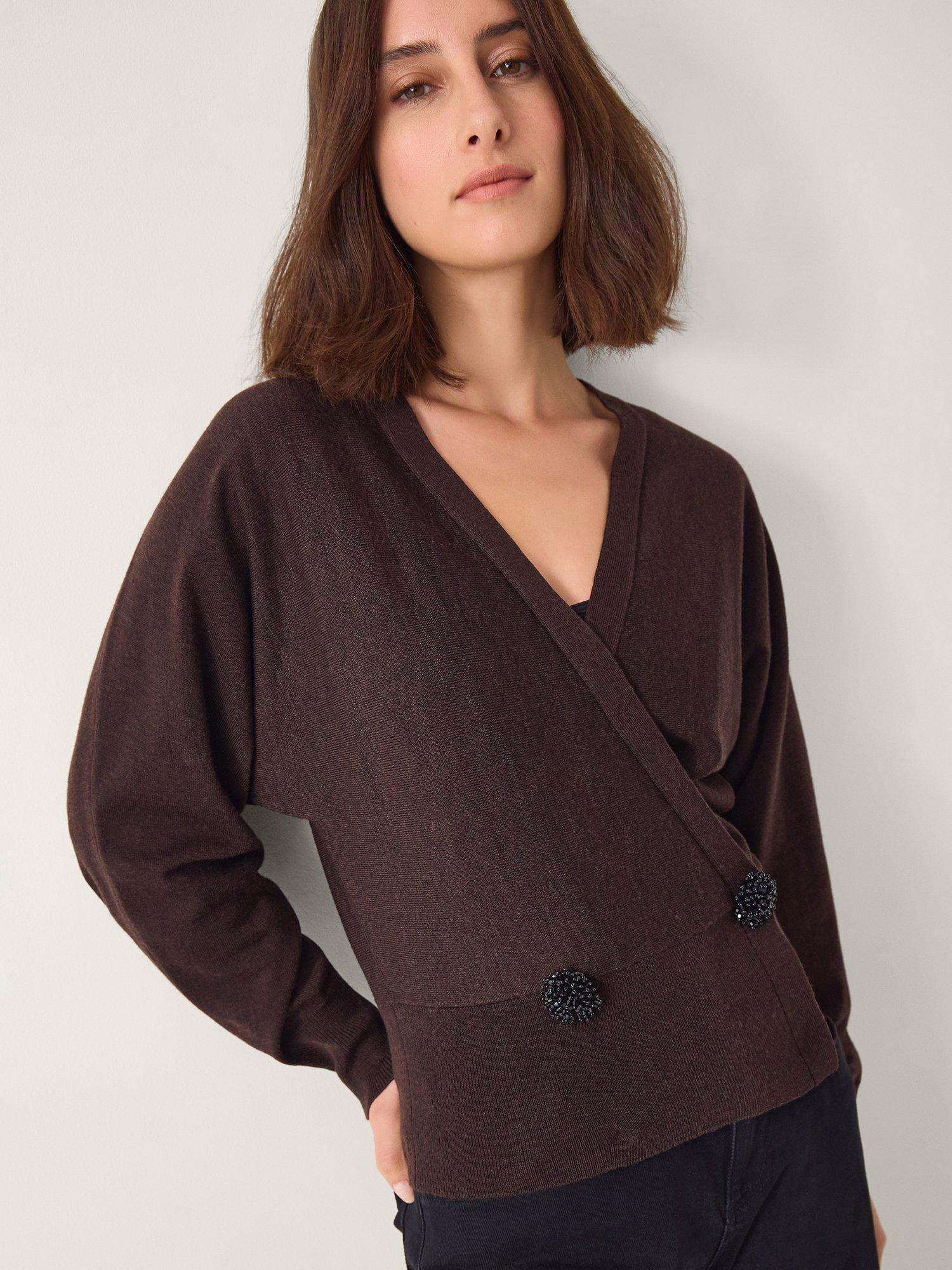 Product image 1 of 4, which shows Monsoon Thea Trim Cardigan, Chocolate, S
