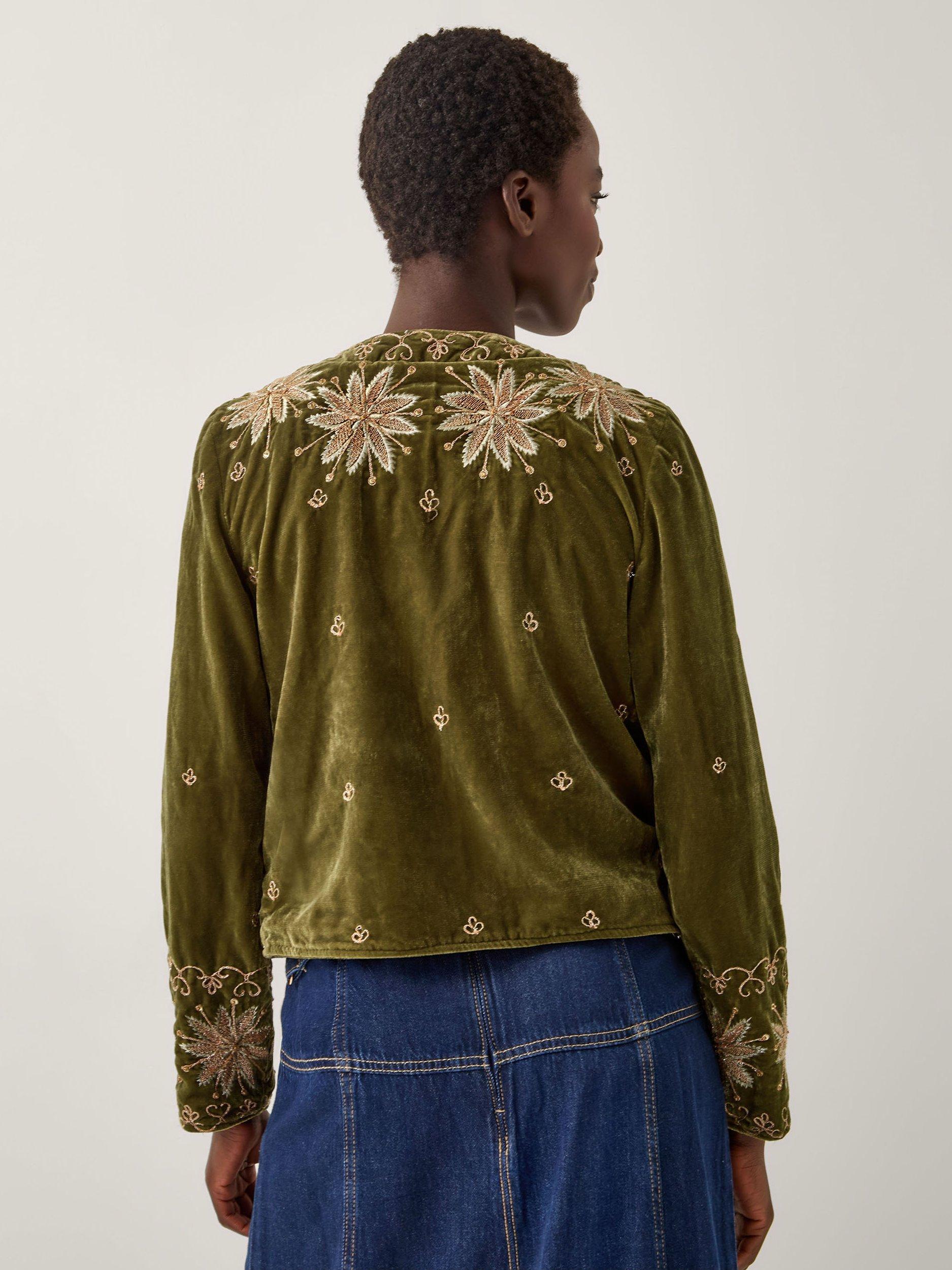 Product image 2 of 5, which shows Monsoon Magda Floral Velvet Jacket, Khaki, S