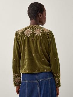 Monsoon Magda Floral Velvet Jacket, Khaki - view 2, Khaki