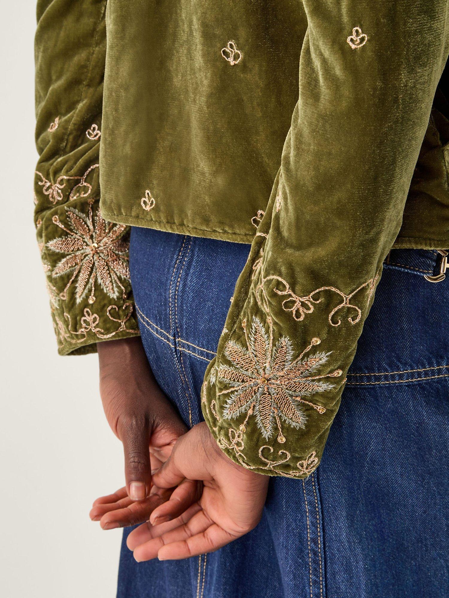 Product image 4 of 5, which shows Monsoon Magda Floral Velvet Jacket, Khaki, S